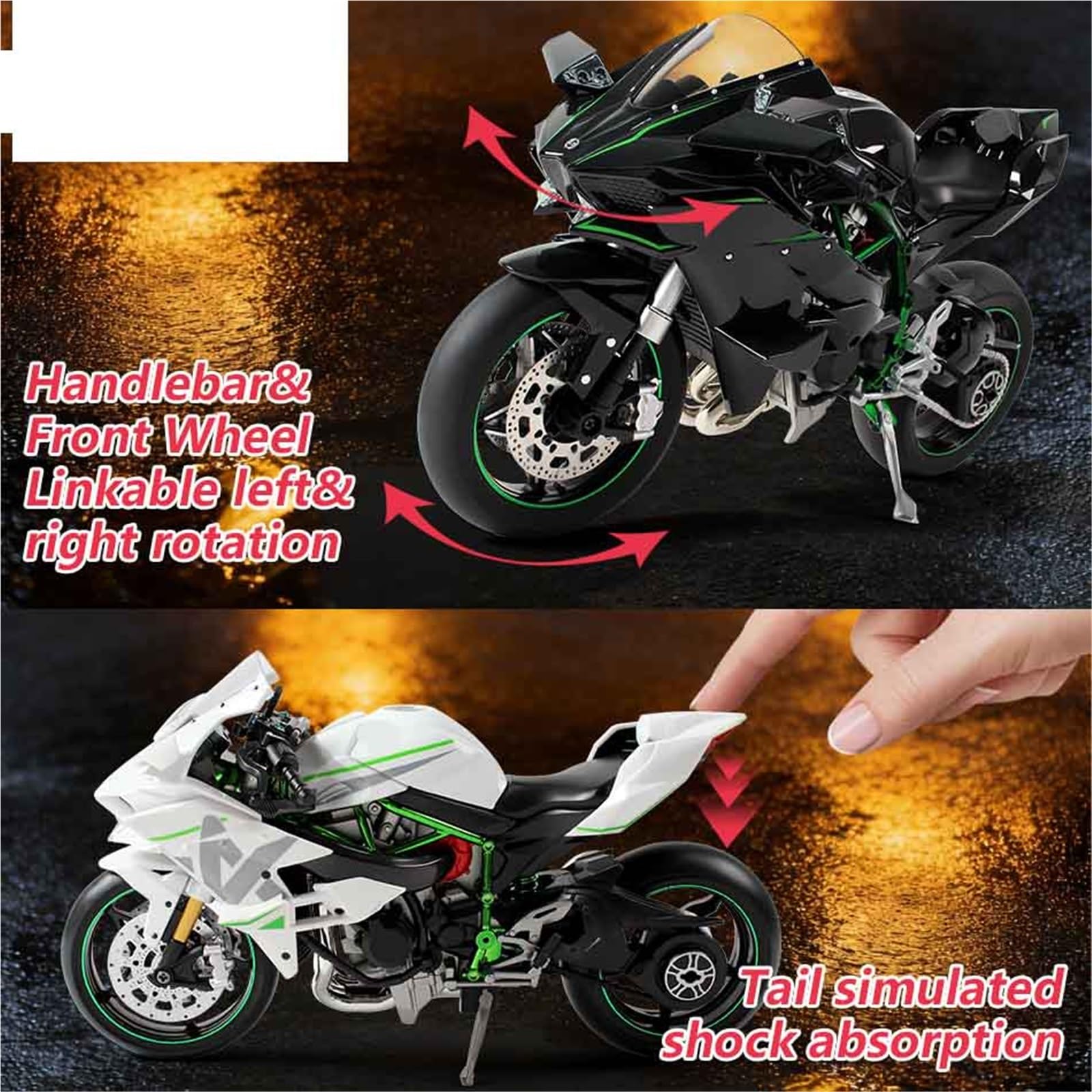 Moto en Alliage pour Kawasaki H2R, Modèle Dynamique, Clé De Démarrage, Course, Spray, Sport, Lumière Sonore, Jouet 1:6 1:9