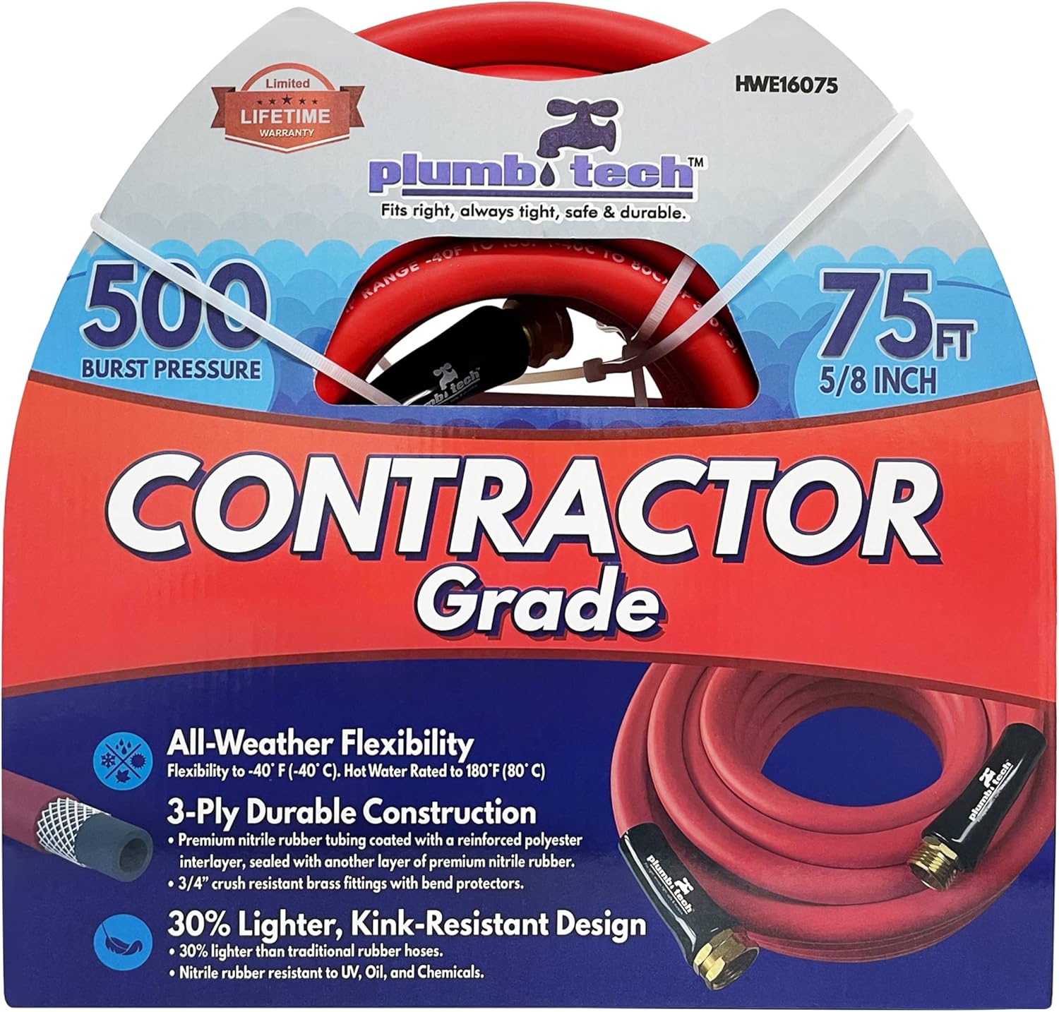 PlumbTech 5/8" x 50' Premium Nitrile Rubber Multi-Purpose Hot/Cold Water Hose: Contractor Grade, Burst Pressure 500 PSI, Red