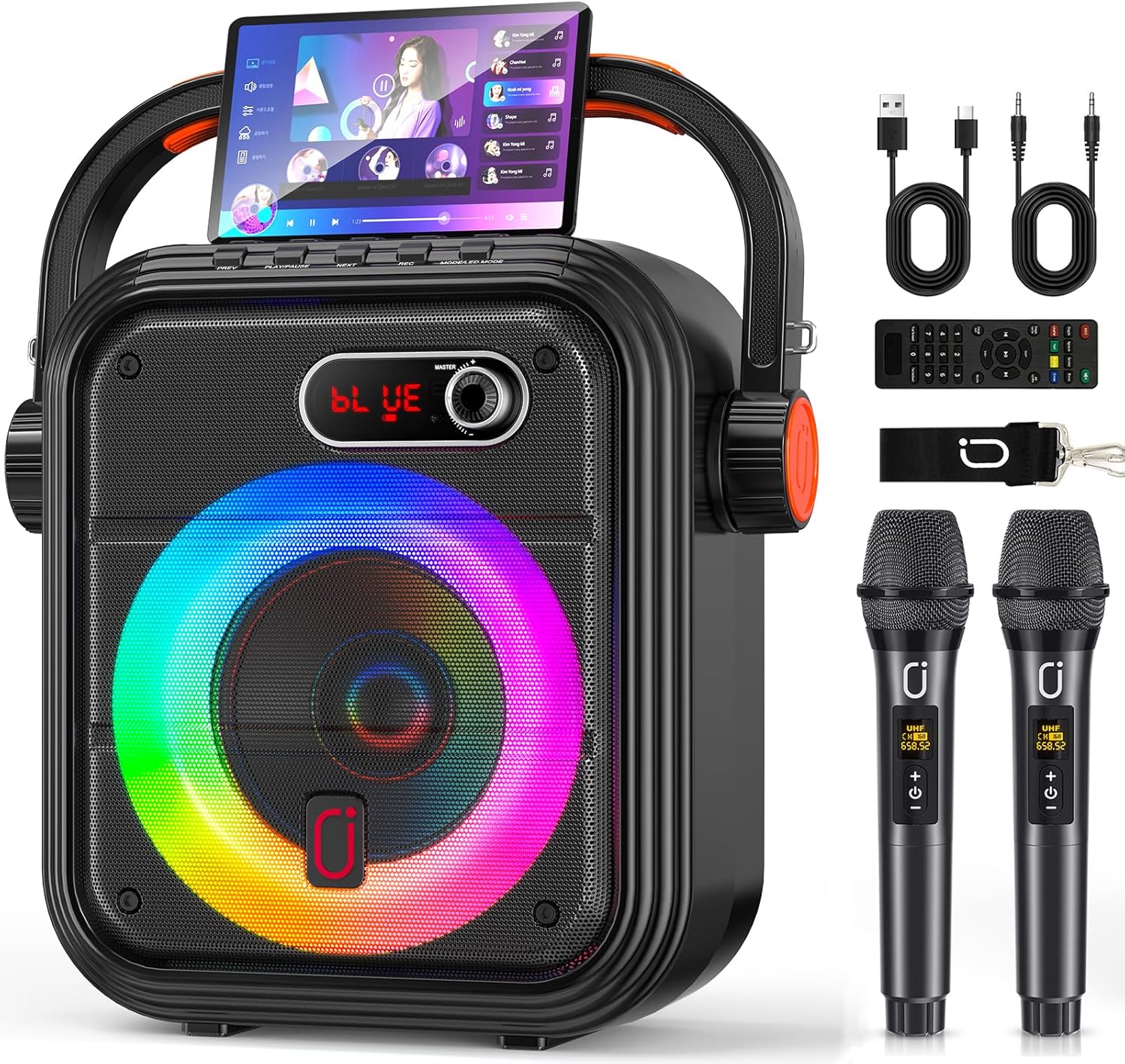 PPMIC Karaoke Machine with 2 Wireless Microphones, Portable Bluetooth 5.3 Speaker with Echo/Bass/Treble Adjustment for Adults Kids, Support TWS/TFCard/USB/AUX/Live/Rec and TVs Connected For Home Party