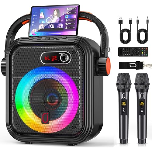 PPMIC Karaoke Machine with 2 Wireless Microphones, Portable Bluetooth 5.3 Speaker with Echo/Bass/Treble Adjustment for Adults Kids, Support TWS/TFCard/USB/AUX/Live/Rec and TVs Connected For Home Party