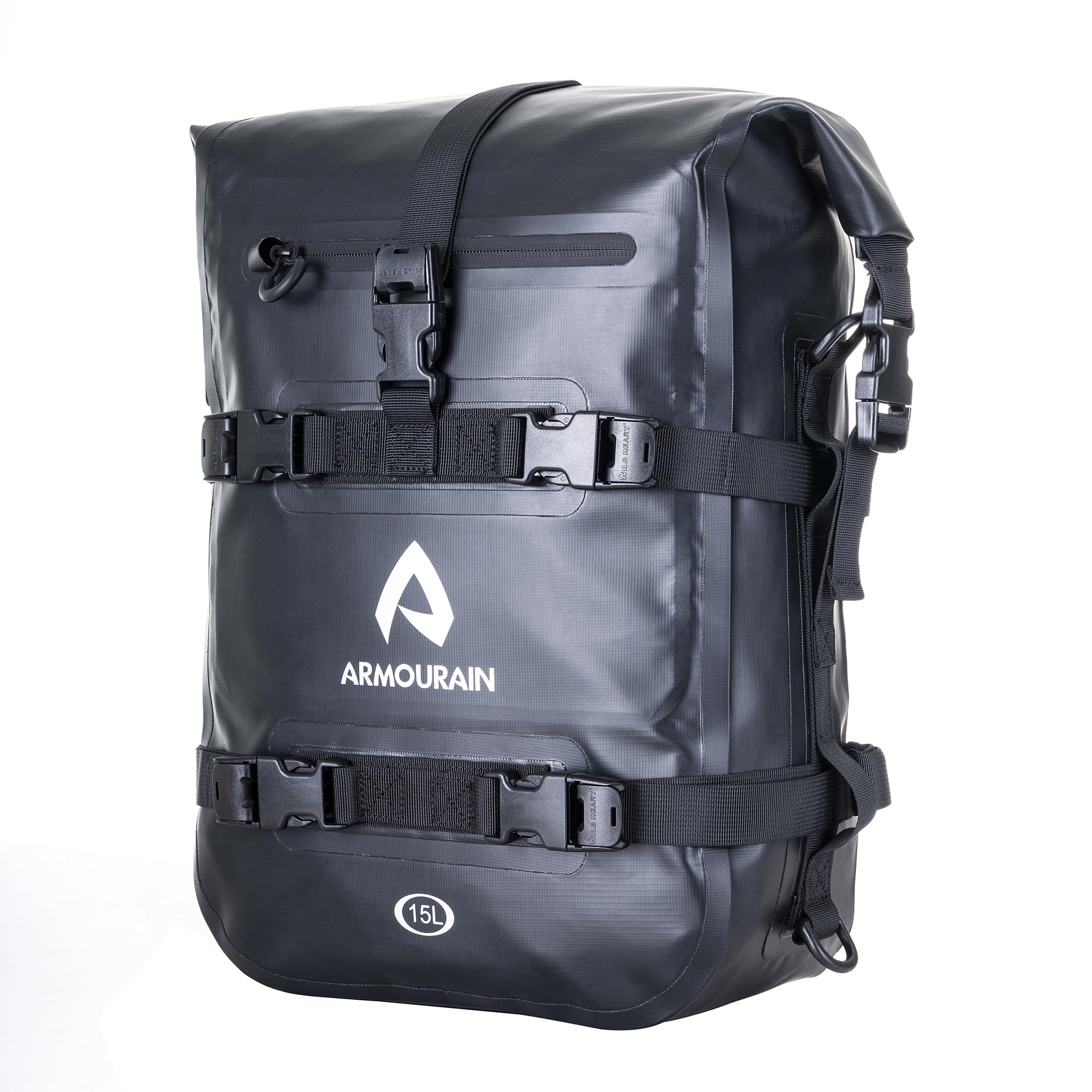 ARMOURAIN Waterproof Motorcycle Rear Seat Tail Bag 15L Motorcycles Side Pannier Bag Crash Bar Bag Motor Sissy Bar Luggage Bag Tool Bag Dry Bag with Shoulder Strap (PVC Black, 15L)