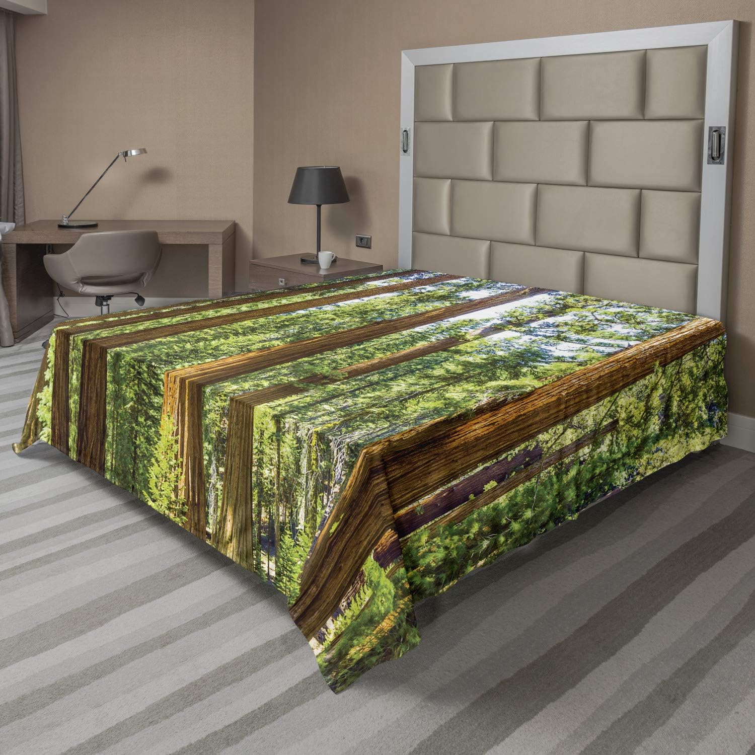 Ambesonne National Parks Flat Sheet, View of Tree Branches in Scenic Springtime Conifers Sequoia Art Prints, Soft Comfortable Top Sheet Decorative Bedding 1 Piece, Queen Size, Green Brown