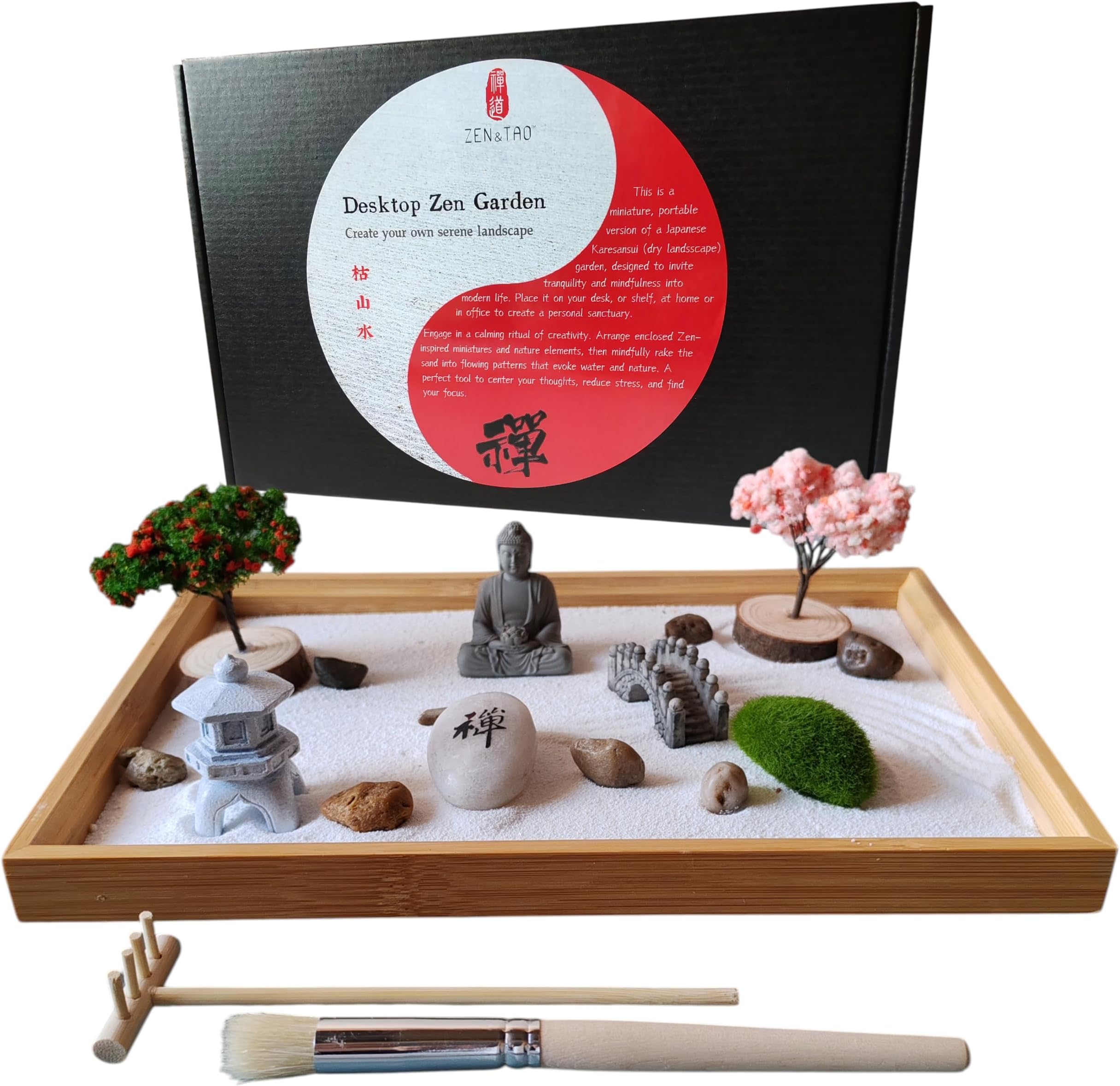 Japanese Zen Garden, 28x19x2.8 Large Size Bamboo Tray, with Bridge, Tree, Moss, Stones, Lantern and Sand Toolset, Office and Home Desk Accessories, for Meditation, Relaxation or Gift