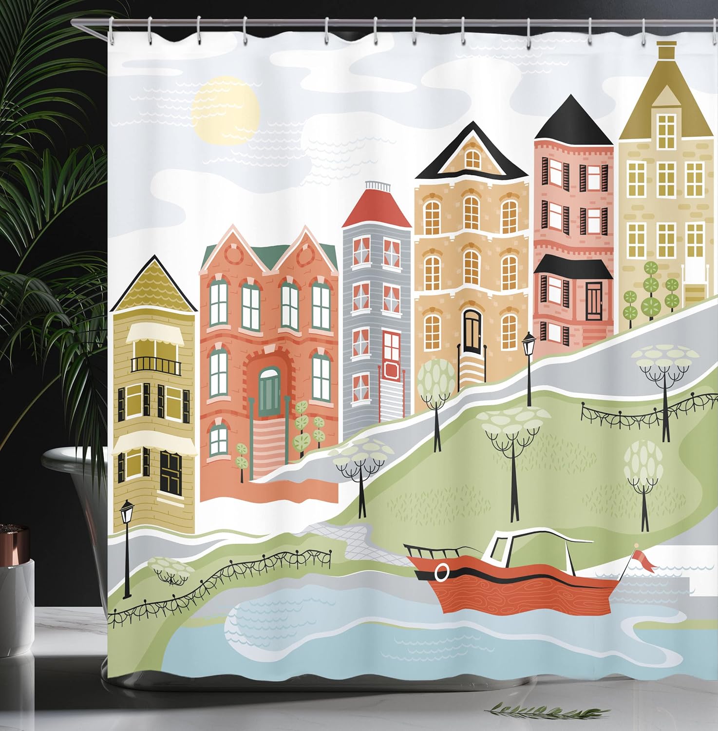 Ambesonne Cityscape Shower Curtain, Quaint Village Street and Colorful Building by River Cartoon Illustration Print, Cloth Fabric Bathroom Decor Set with Hooks, 69" W x 75" L, Green Teal