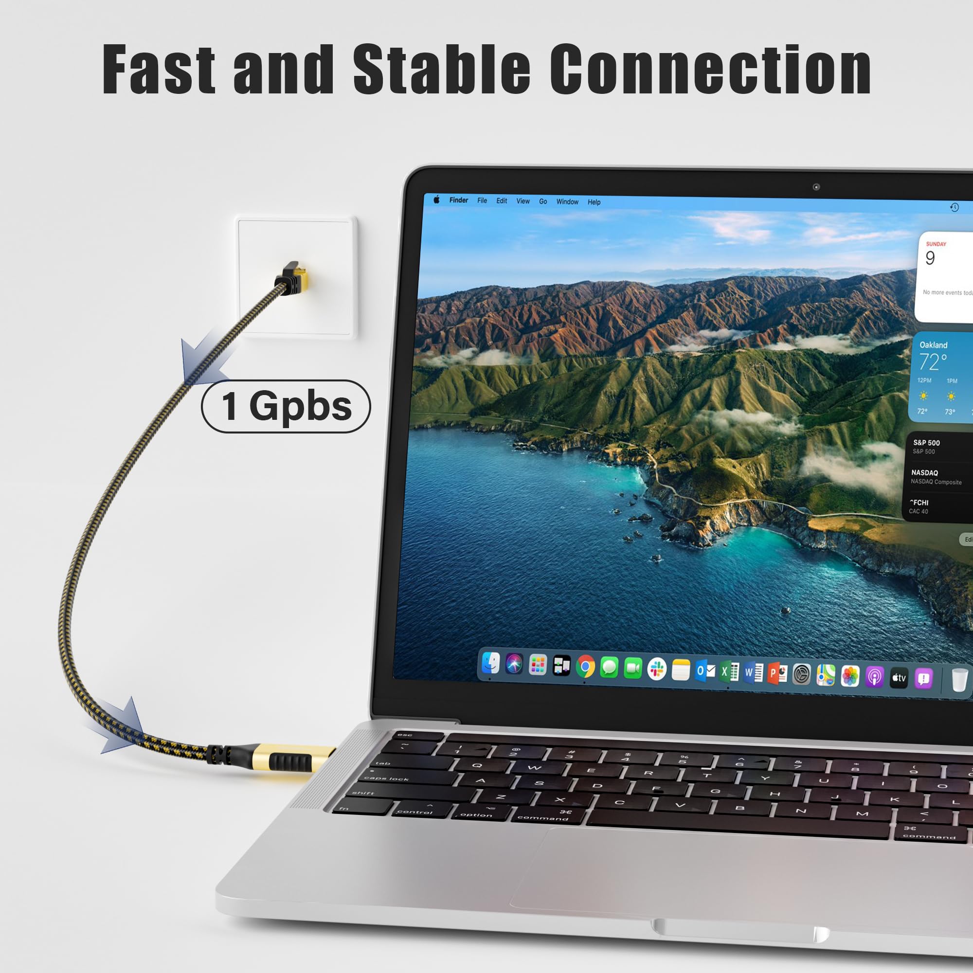 Câble adaptateur USB C vers Ethernet de 30,5 m, câble USB-C vers RJ45, plaqué or, nylon tressé, réseau LAN Gigabit vers câble USB C, pour MacBook Pro/Air, iPad Pro, iPhone 15, Galaxy S24 et plus