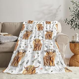 Highland Cow Print Blanket and Throws Cute Farm Animal Cow Gifts Throw Blankets Soft Cozy Fleece Plush Warm Flannel Bedding Blanket for Girls Kids Adults Couch Travel 40x50inch