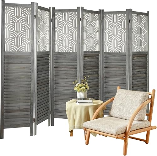 ECOMEX Divisores de habitación de 4 paneles totalmente montados de 5.6 pies tallados y pantallas plegables, pantalla divisora de madera