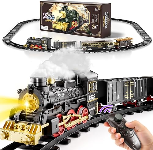 Miniatura 12 de Juego de tren eléctrico para niños, juguetes de tren de Navidad con humo, luz y sonido, pistas de tren de construcción de bricolaje debajo del árbol