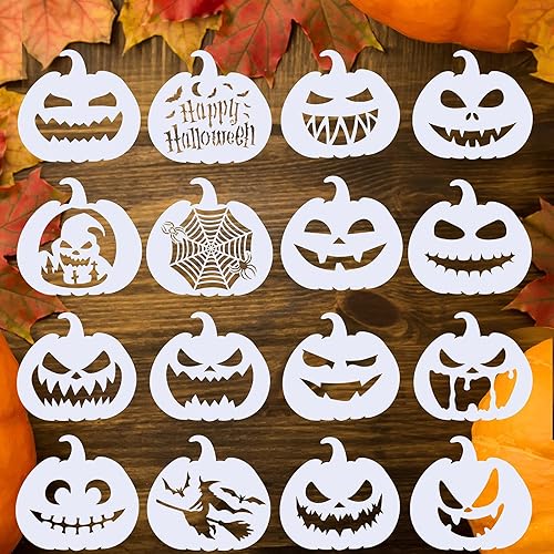 Plantillas decorativas de calabazas de Halloween de 16 piezas de plantillas de calabaza de plástico reutilizables de dibujo de calabaza plantillas