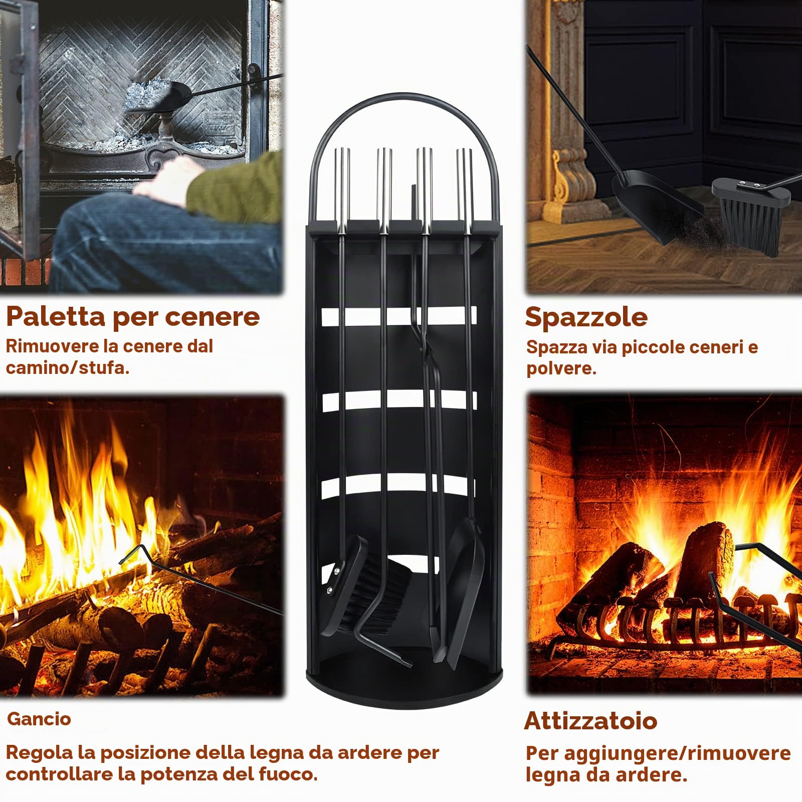 Froadp 5 pezzi Attrezzi per Camino in Acciaio Inossidabile Strumenti per Caminetti include Spazzole, Pinza, Ganci, Paletta e Supporto Stufa a Legna Set di Utensili Caminetto per Cucina Casa (Nero)
