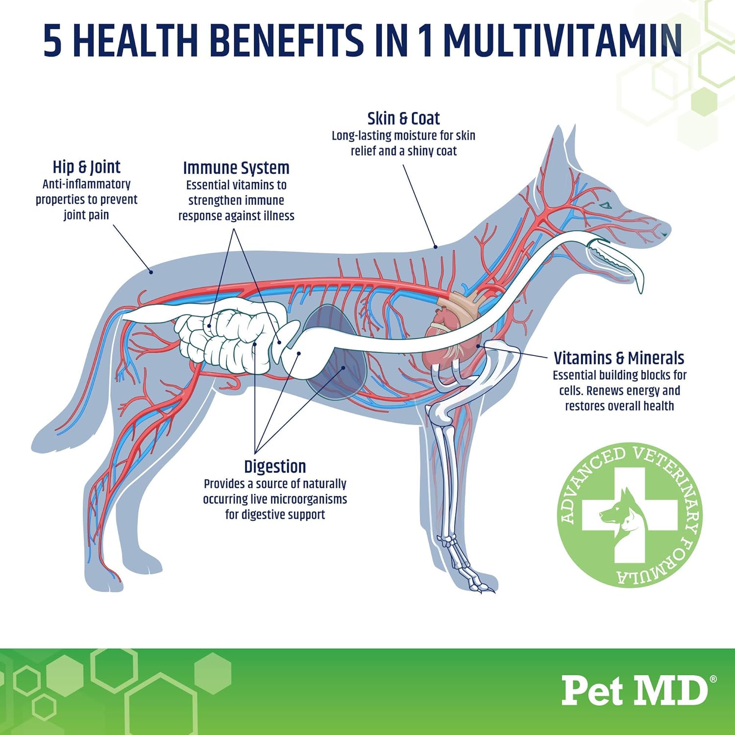 Pet MD 5in1 Dog Multivitamin - 30 Essential Vitamins, Minerals & Nutrients for Skin & Coat, Hip & Joint, Digestion, Immune & Senior Dog Vitamins - Glucosamine, Omega 3 6 9, & Probiotics - 120 ct : Kitchen & Dining