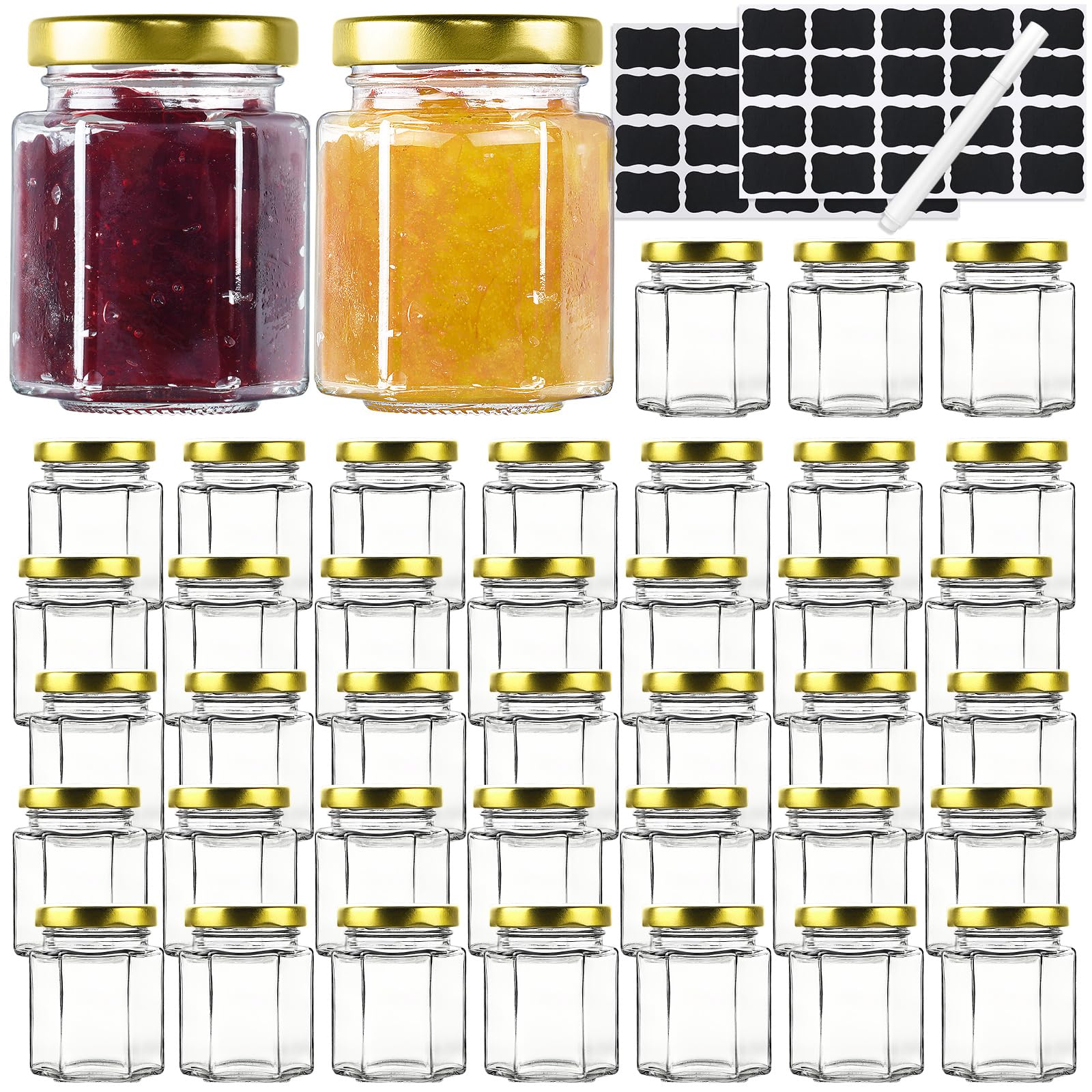 Absovetu Kleine Gläser mit Metalldeckel und Etiketten, 100 ml, wiederverwendbare Einmachgläser, Mini-Marmeladengläser mit Deckel, kleines sechseckiges Honigglas für Gewürze, Süßigkeiten, Einlegen,