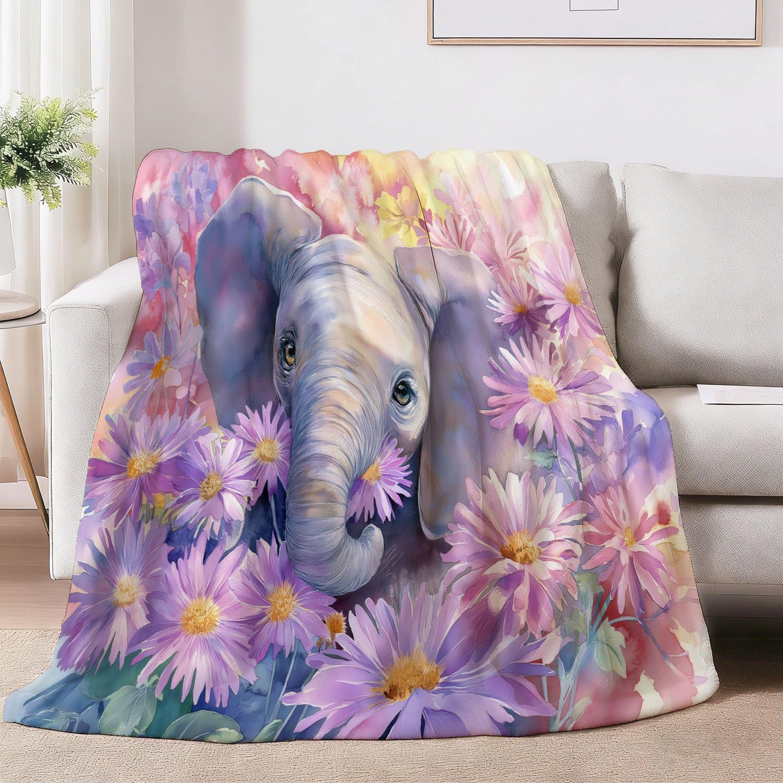 Bohemisch Rustikal Kuscheldecke Elefanten Gänseblümchen Blumen Decke Tagesdecke Wohndecke Lila, Couchdecke Weich Warm Flauschig, Sofa Decke für Reisen Zelten Outdoor, 150 x 200 cm