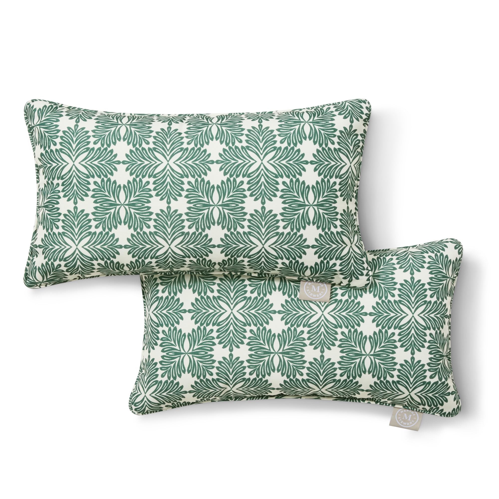 Martha Stewart Tulum - Set di 2 cuscini decorativi per interni ed esterni, resistenti allo sbiadimento UV, idrorepellenti, design moderno stampato, 28 x 45 cm, verde
