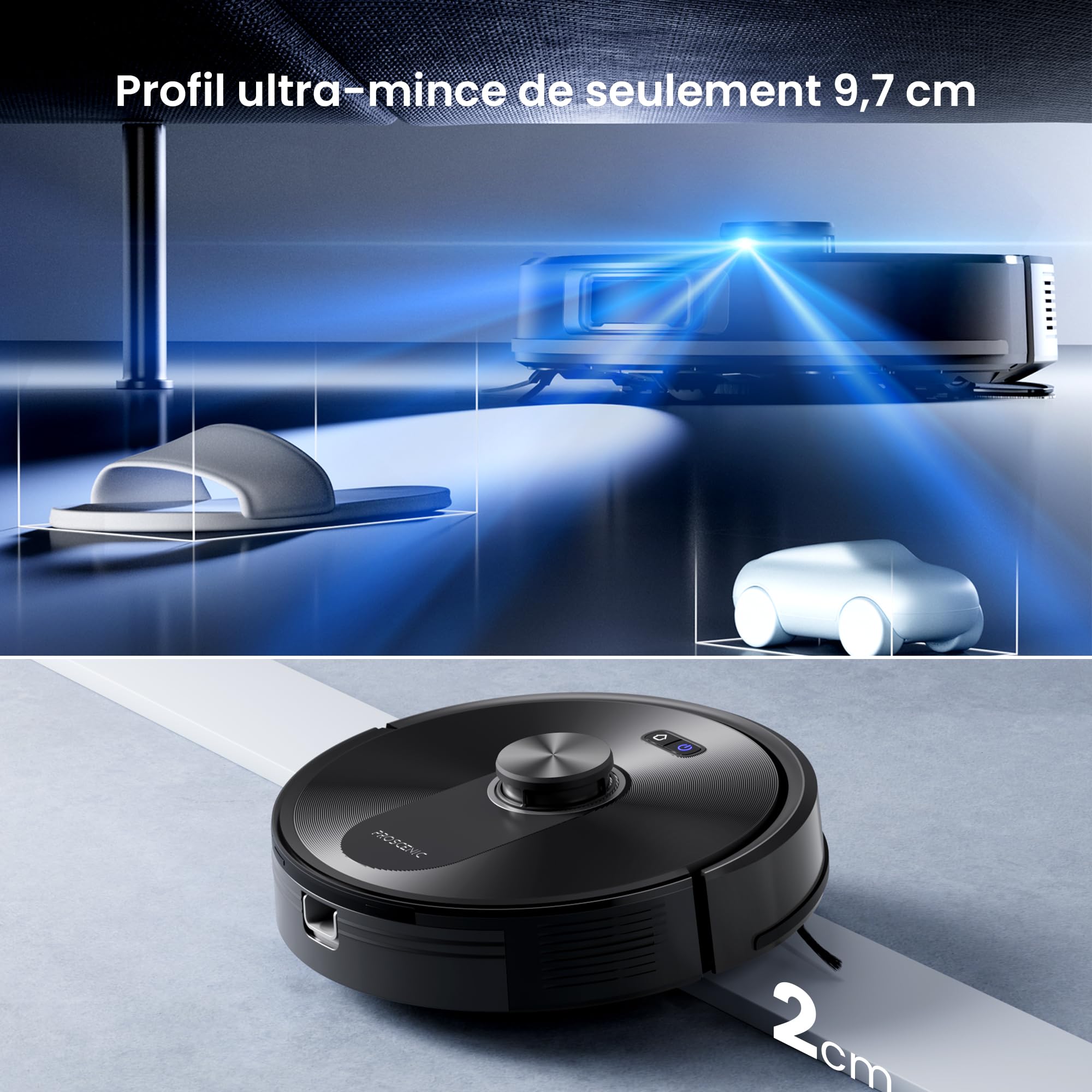 Proscenic Robot Aspirateur Laveur, 10000Pa 200Mins Aspirateur Robot avec Serpillière,Navigation Lidar,Multi-étage Cartographie,Évitement d'obstacles,Silencieux,pour Poils Animaux Tapis Sols Durs