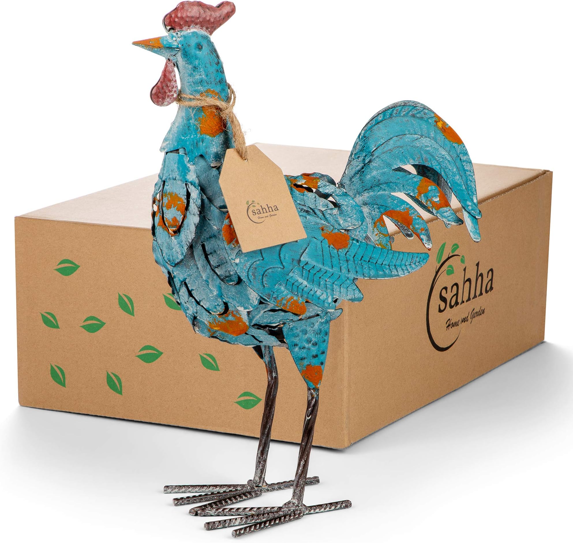 Decorative Metal Rooster, Blue, 14.5”, for Home, Kitchen, Dining Room Decor - Rooster Statue Figurines - Farmhouse Chic, Colorful, Rustic - Vintage Roosters for Countertops - Garden Ornament