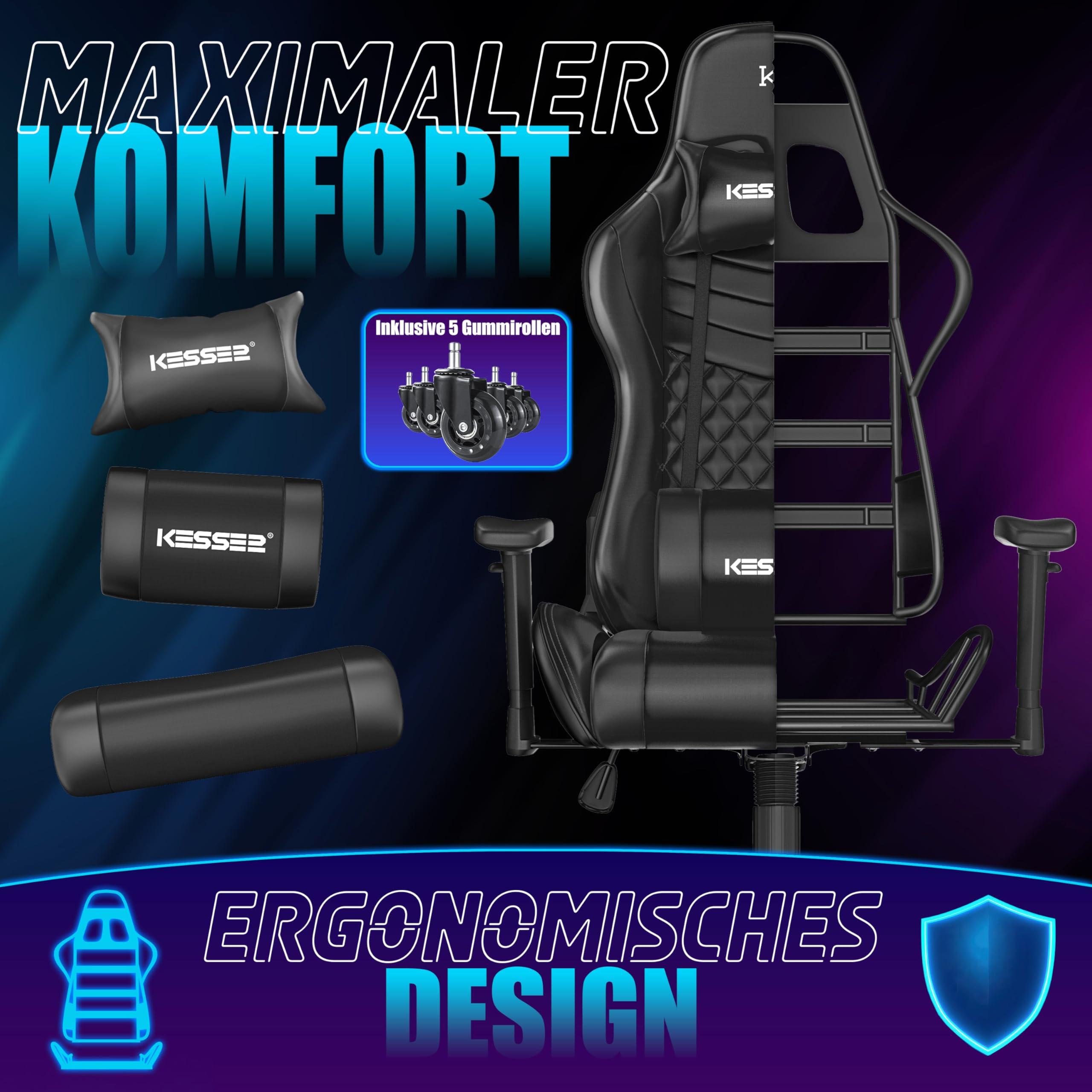 KESSER® Gamingstuhl Ergonomisch Gaming Stuhl Bürostuhl mit Kopfstütze & Lendenkissen | Racing Gamer Stuhl 150kg belastbar | Armlehne 360° | Drehbarer Schreibtischstuhl Gaming Chair + Gummi-Rollen