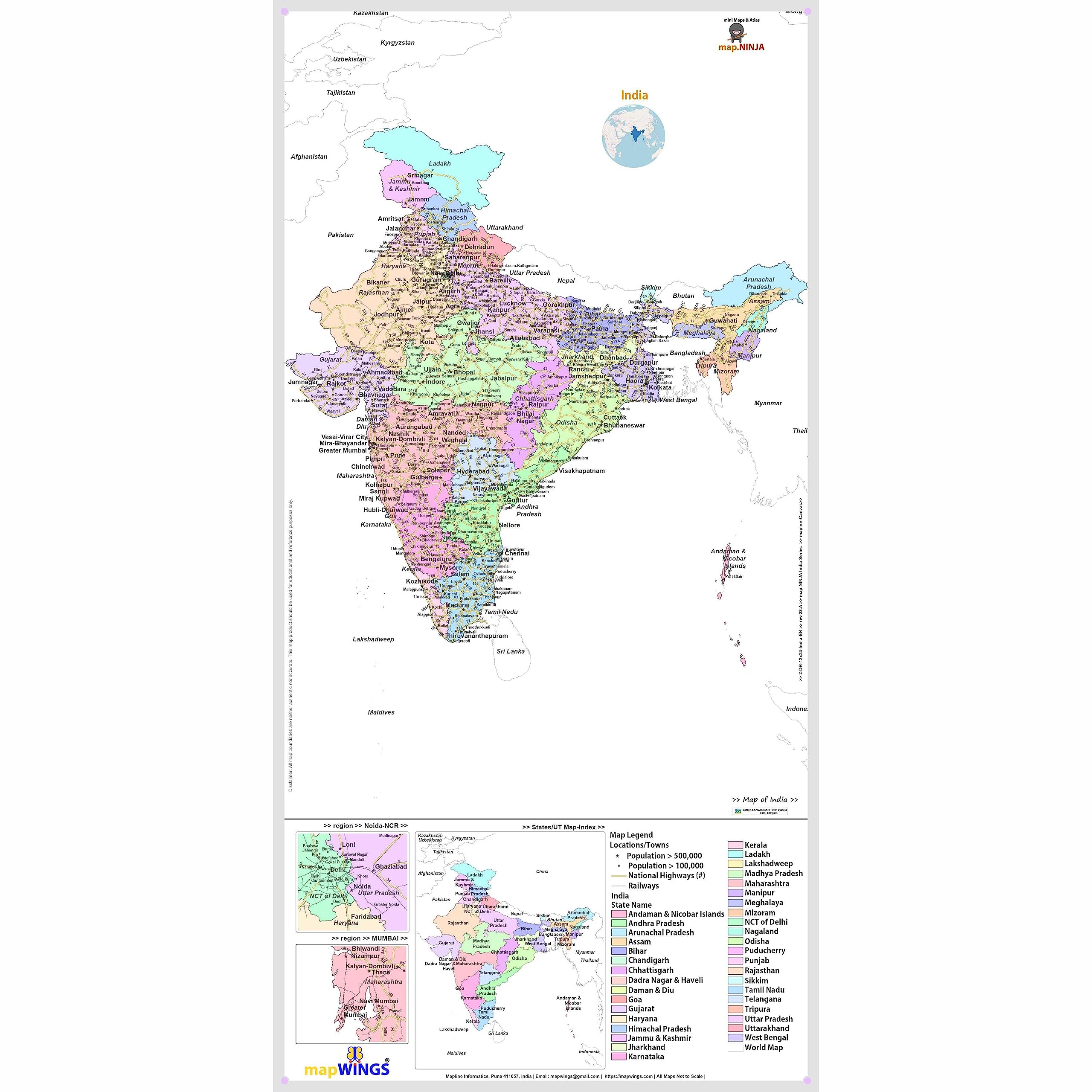 Map of INDIA | State, Highways & Towns | Size 2 ft. X 1 ft. | Printed on Media - 380 GSM Cotton Canvas Matte, with eyelets | Suitable for Home, Education & Small Business