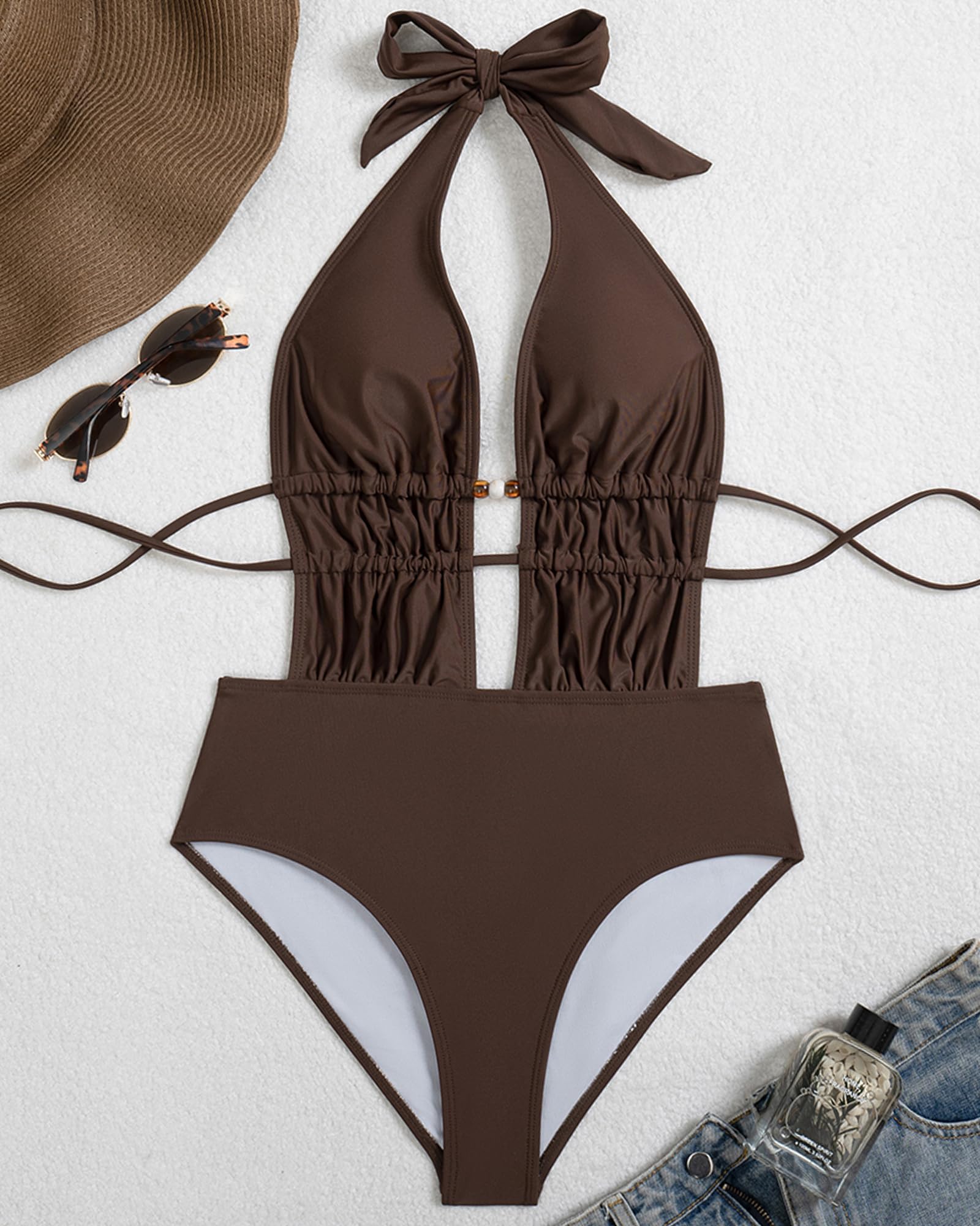Bañador de Una Pieza Mujer Reductor Abdominal Push Up Moldeador Escote V Fruncido Sexy Espalda Descubierta Cordón Moda Playa Marrón Swimsuit