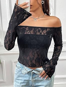 LOFAAC Women Sexy Off Shoulder Sheer Mesh Long Sleeve Crop