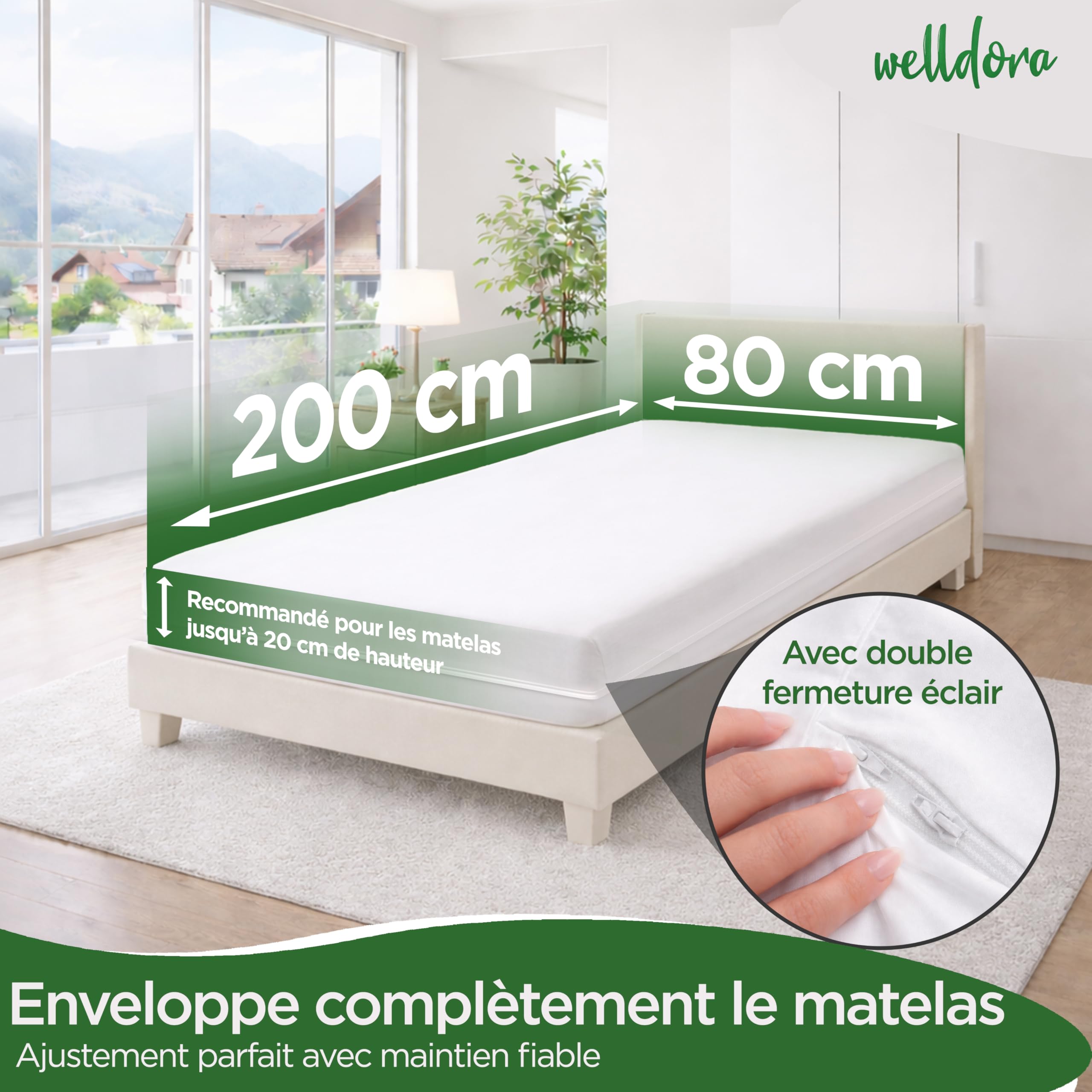 Welldora | Housse de Matelas Anti Acarien de Première Qualité 80 x 200 x 20 | Protège Matelas Anti Allergies Testé| Housse avec Fermeture Éclair | Linge de Lit pour Personnes Allergiques