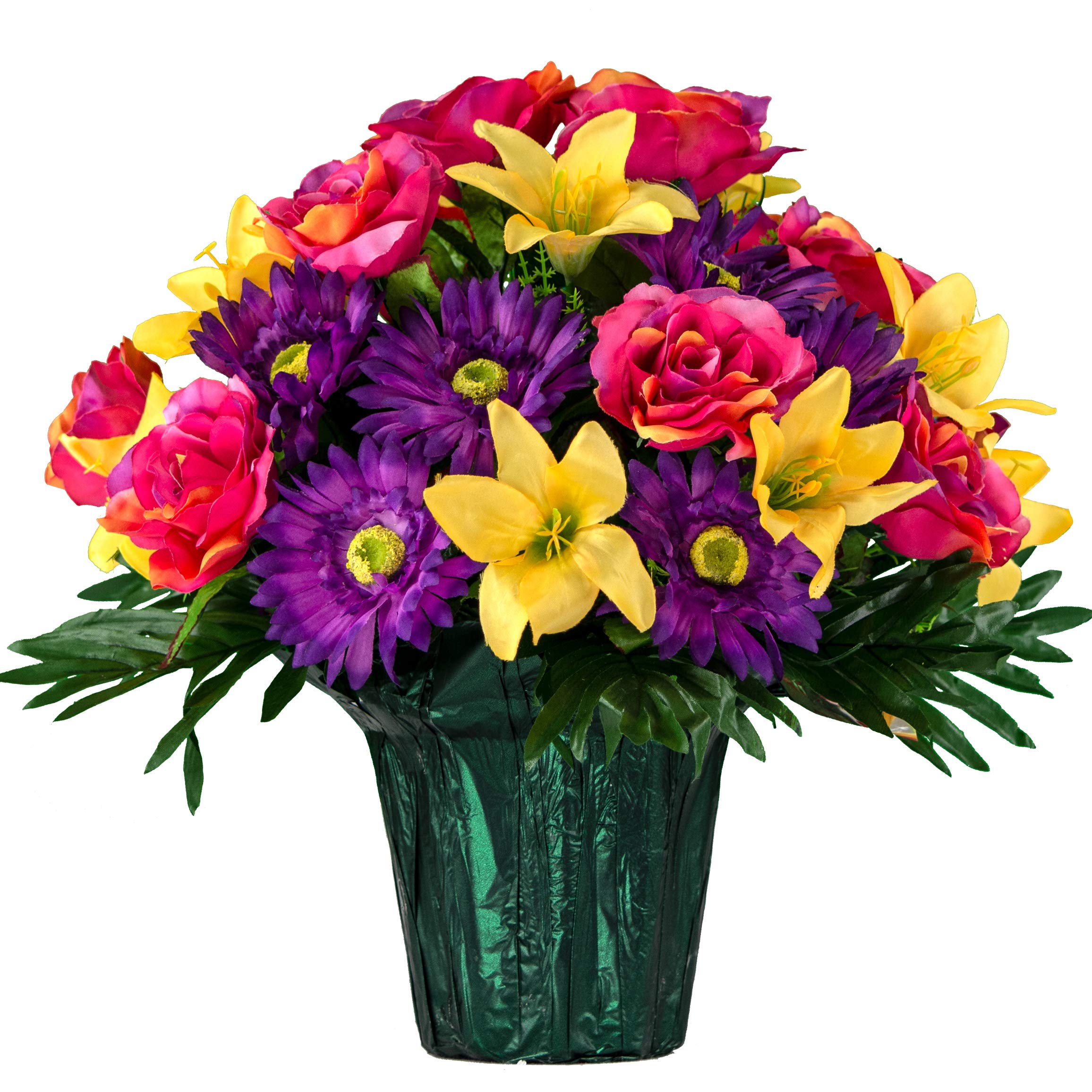 Sympathy Silks Artificial Flowers - Weighted Pot Bouquet Decoration - Fade Resistant - Rainbow Sherbert Rose Lily and Daisy Mix Flower Pot
