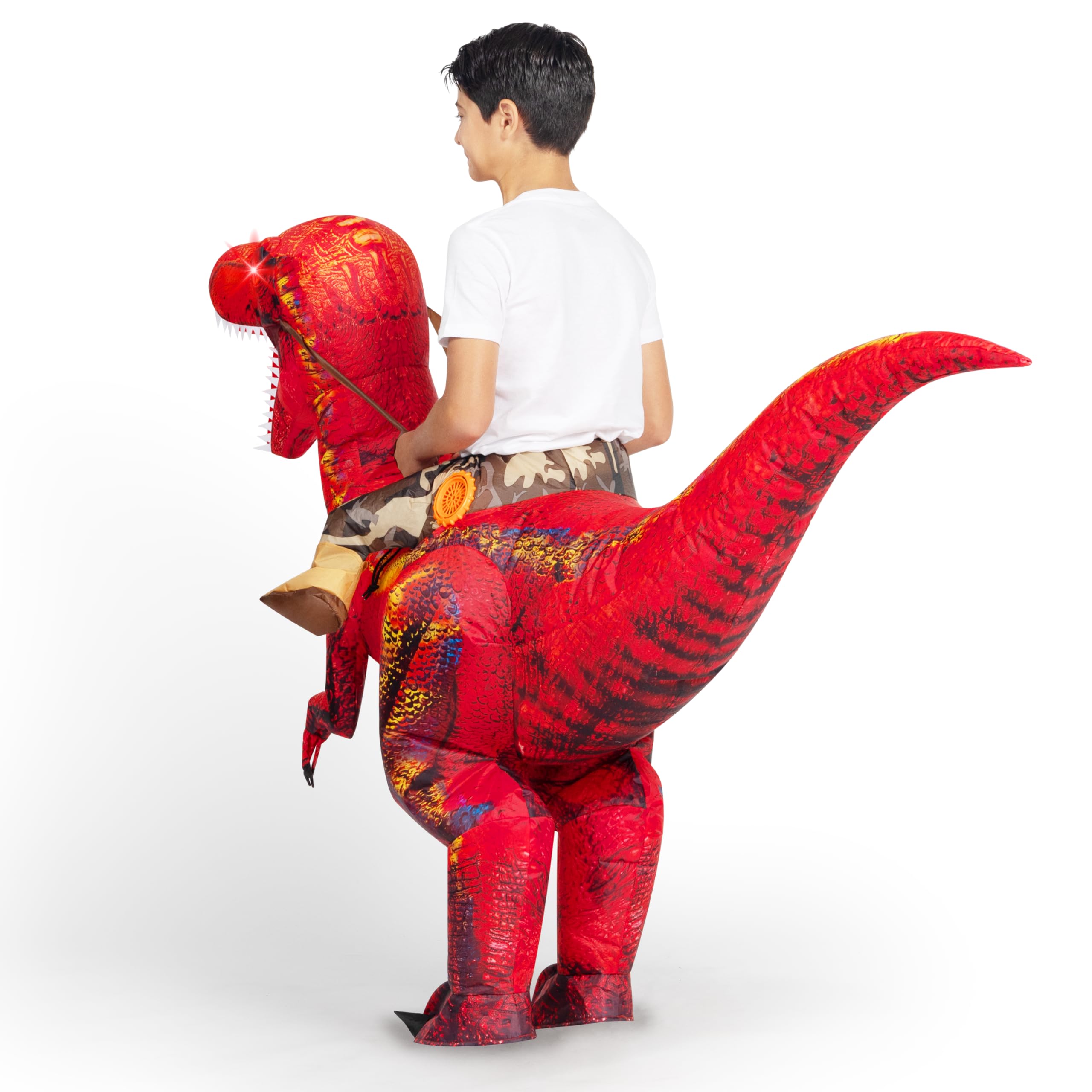 Spooktacular Creations Disfraz de dinosaurio inflable para niños, disfraz de T-Rex con ojos iluminados LED, montar un raptor, disfraces de Halloween inflables con aire impreso digitalmente