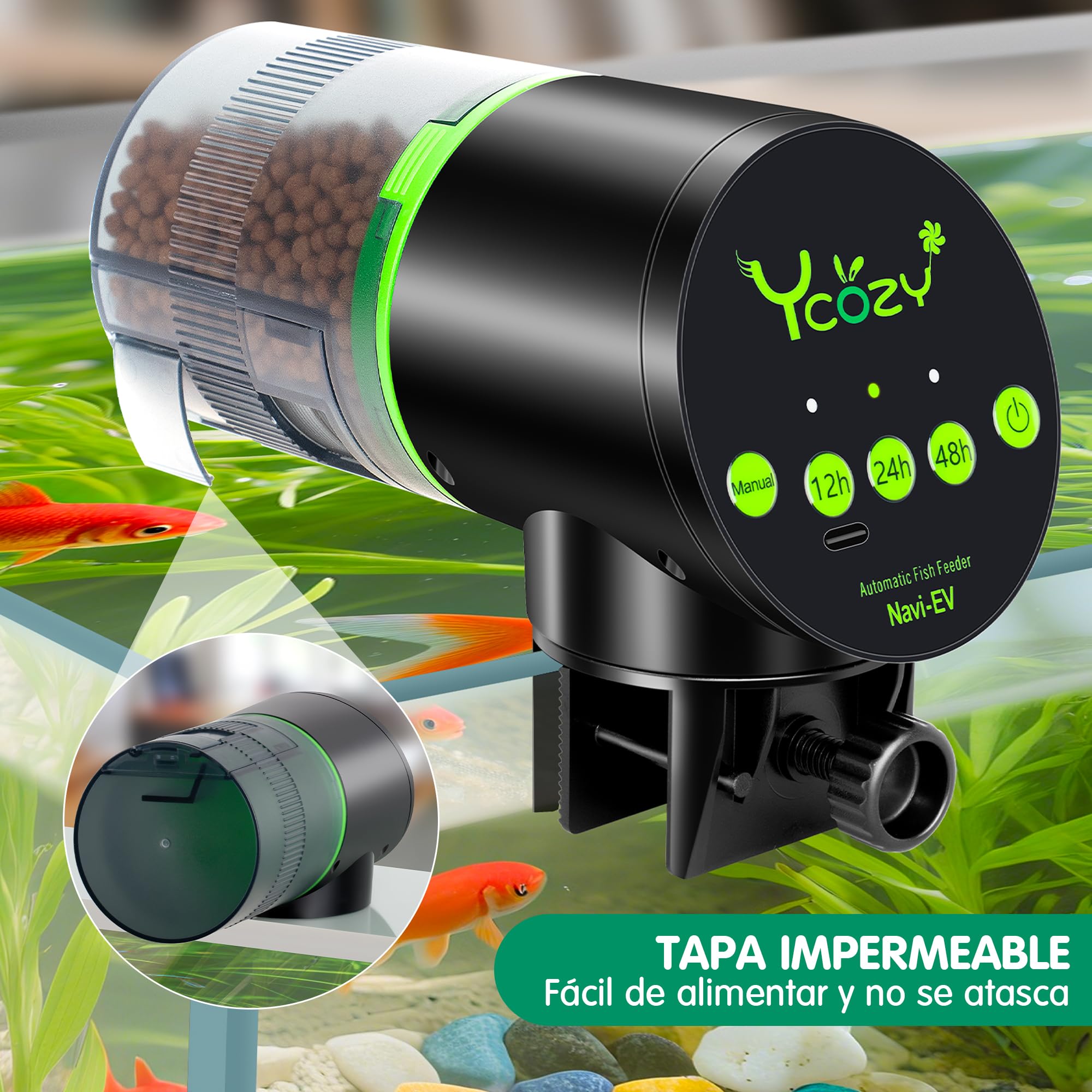 Ycozy Alimentador Automatico Acuario Recargable Dispensador Comida para Peces con Temporizador Alimentador Comedero Automatico Peces, Navi-EV