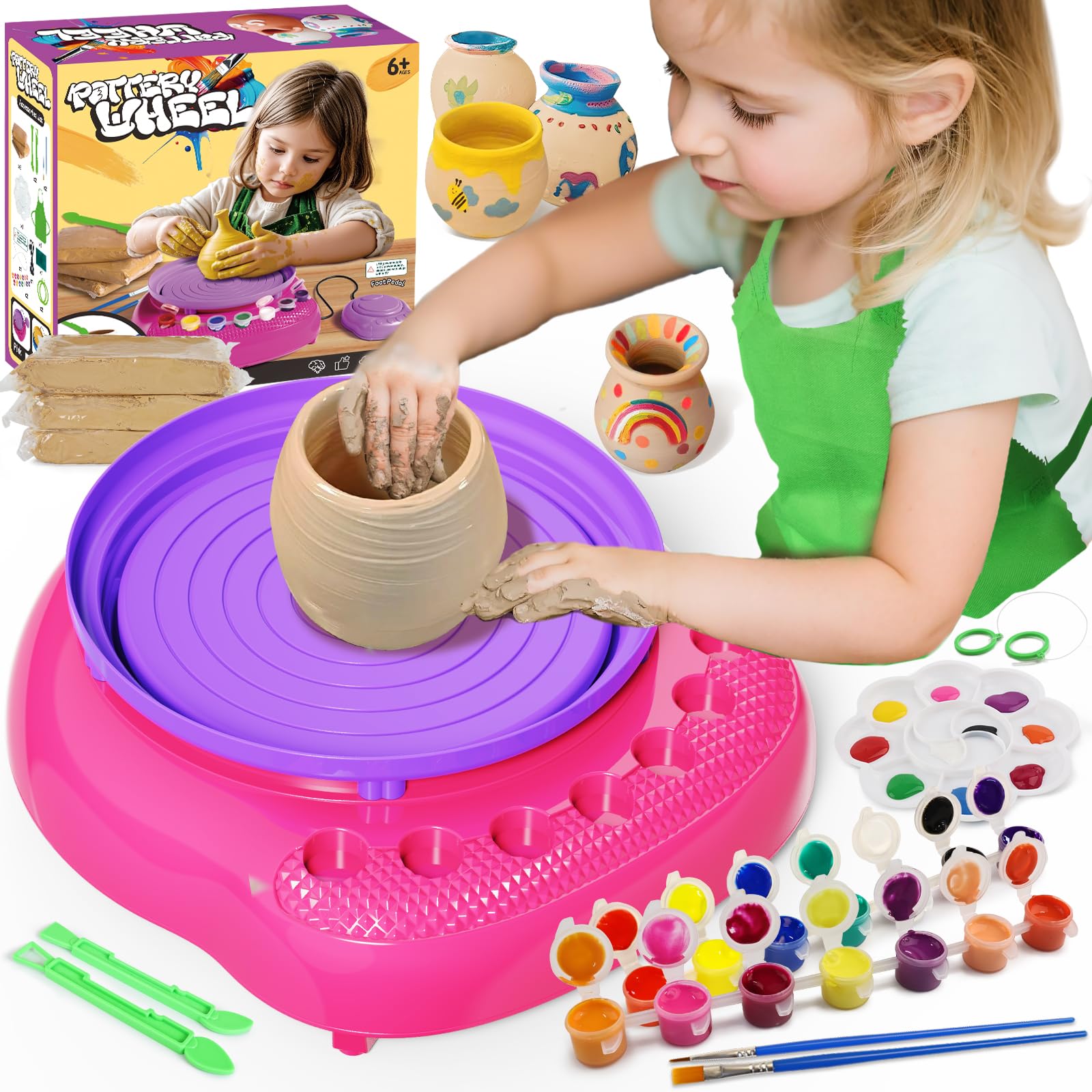 Vinkp Pottery Wheel for Kids - Complete Pottery Painting Kit Arts and Crafts for Kids Ages 8-12 with Air Dry Clay Art Supplies for Girls Boys Toys Birthday Gifts for 6 7 8 9 10 11 12 - Pink