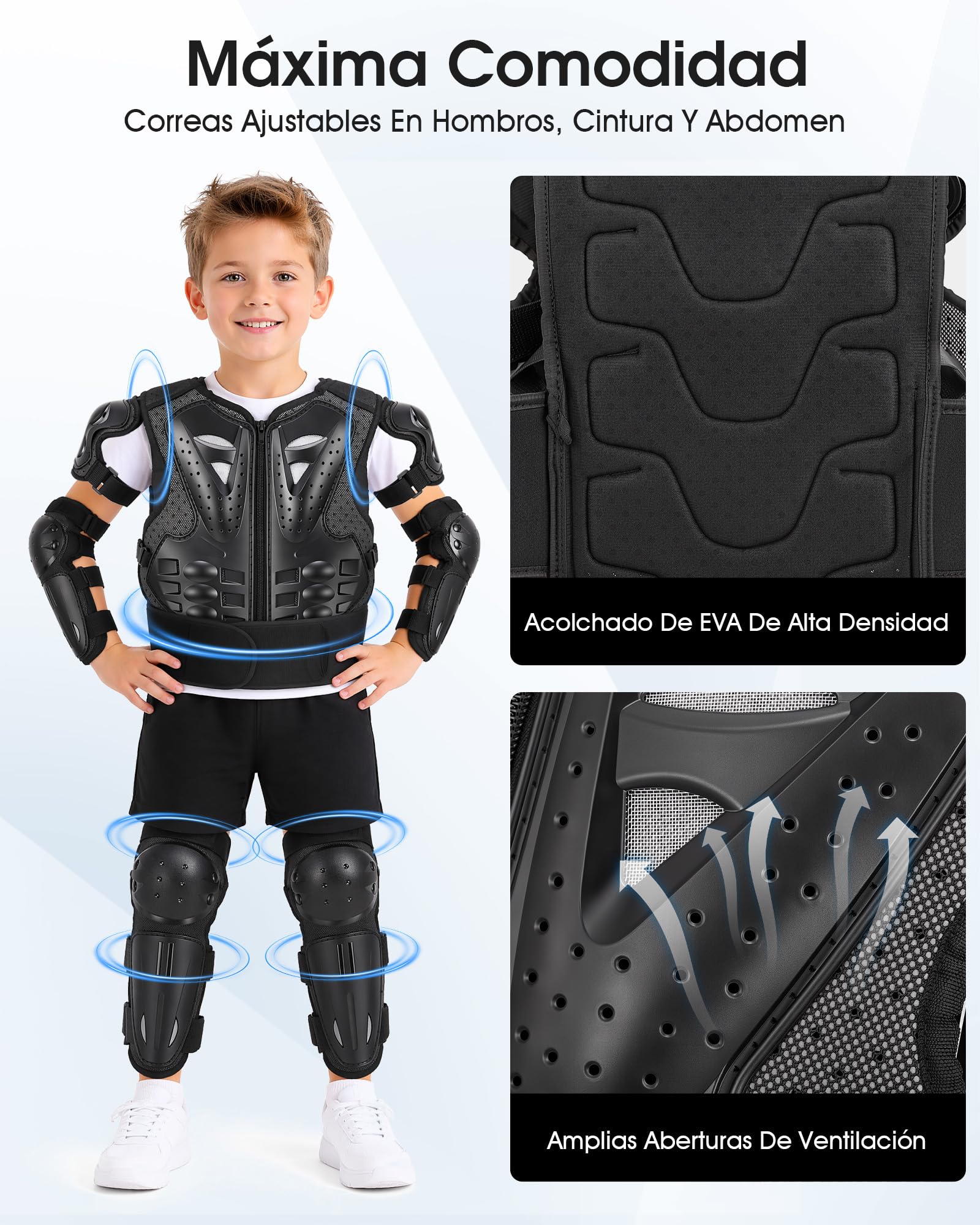 Conjunto de Protección para Niños Conjunto de Protectores Motocross Bicicleta de Montaña Armadura de Pecho con Codo de Rodilla Ajustable Amortiguador Transpirable para Bicicleta
