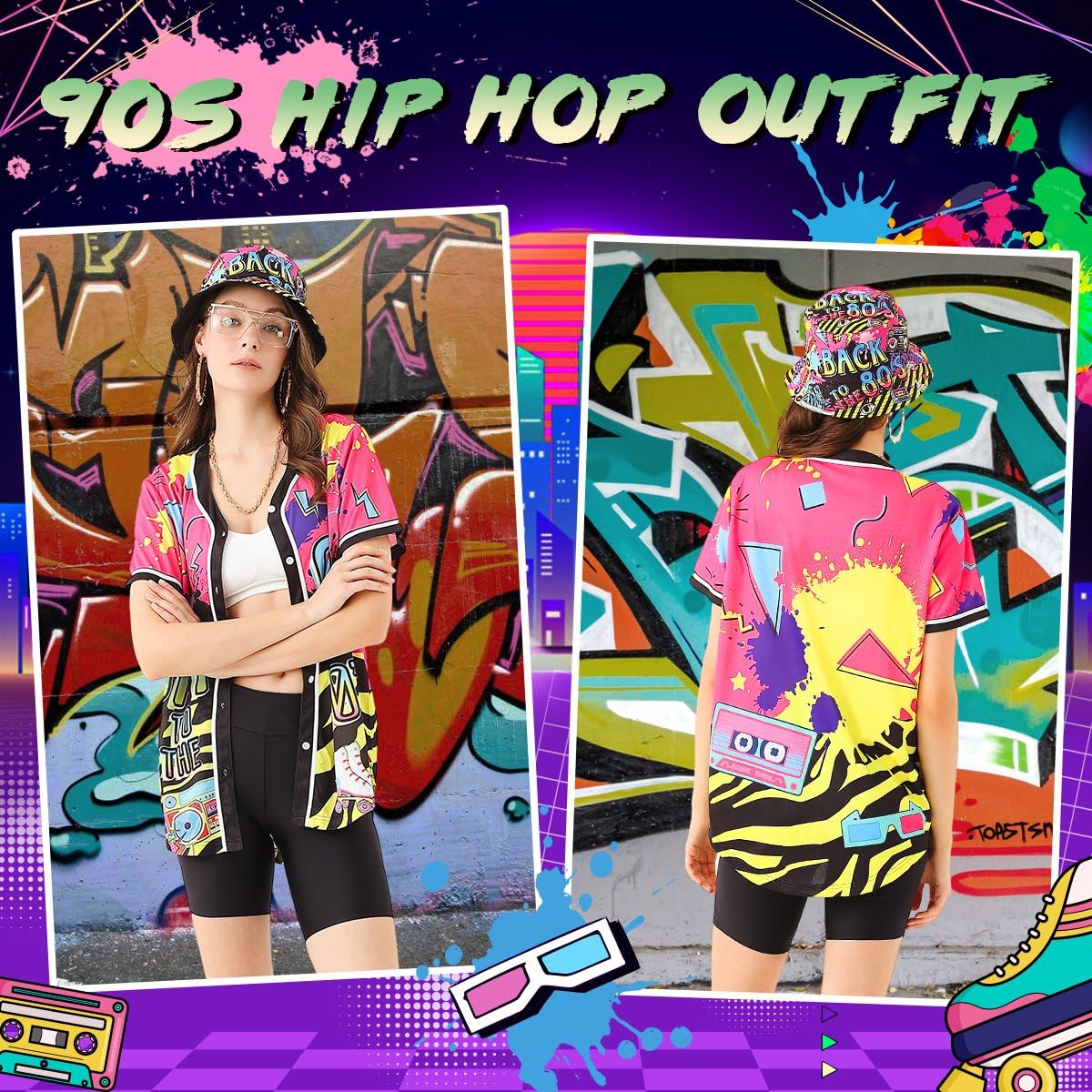Traje unisex de los años 80 y 90 para mujer, disfraz de hip hop, camiseta de béisbol, pantalones de yoga, sombrero de pescador, cadena dorada, accesorios de rapero
