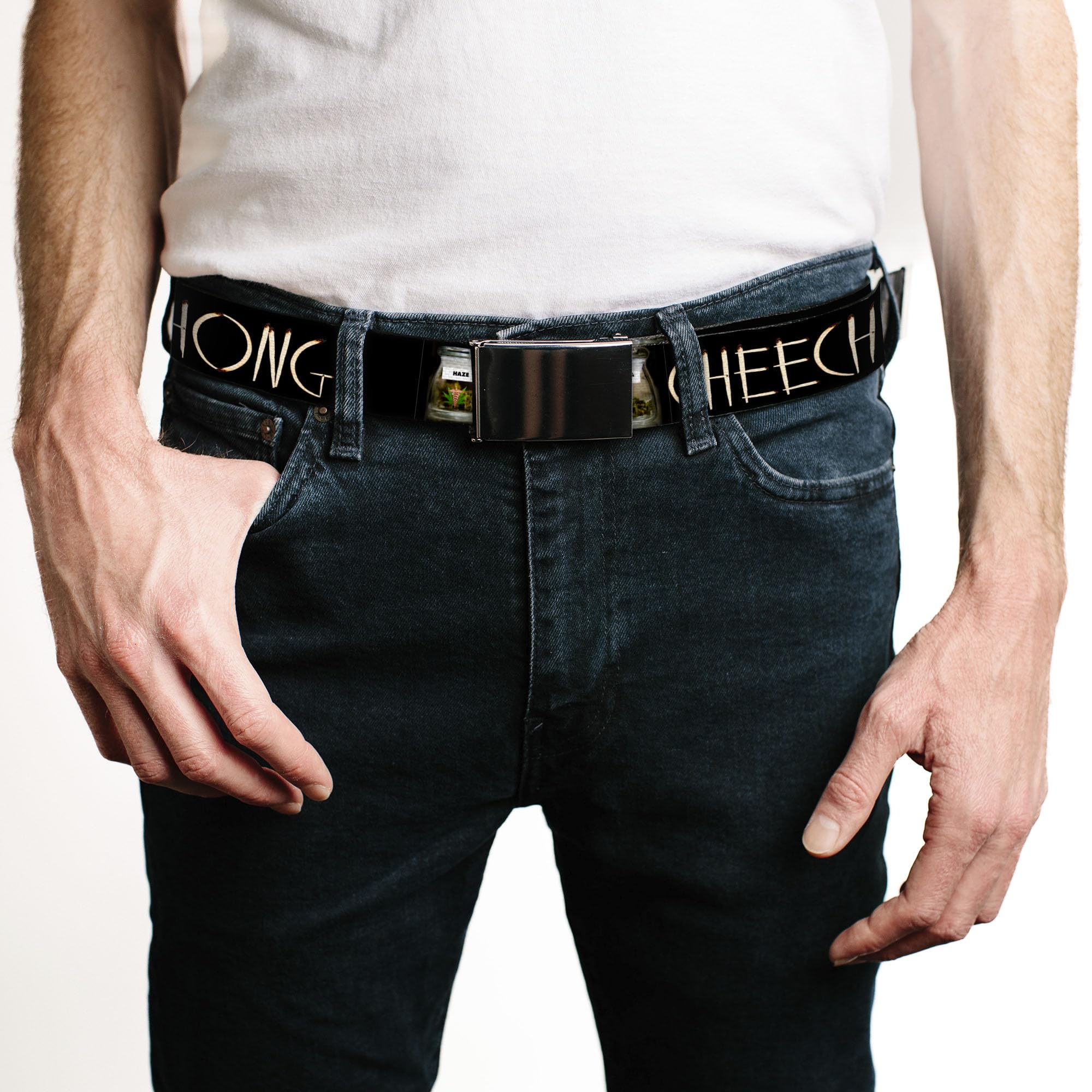 Adjustable Belt, Clamp Buckle, Cut-to-Fit, Cheech and Chong Joints Text Vivid Weed Jars Black