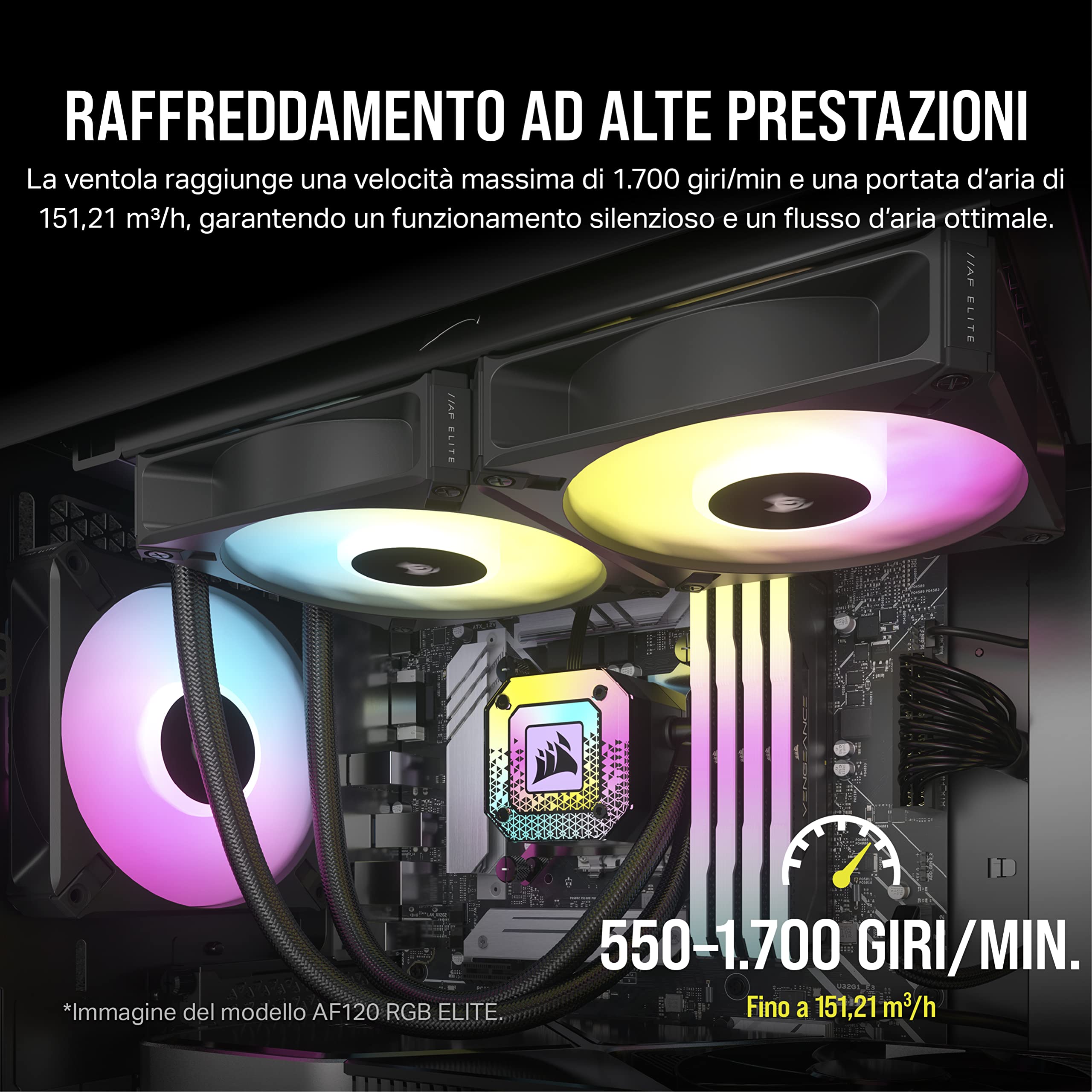 Corsair iCUE AF140 RGB ELITE da 140 mm Kit di Due Ventole PWM - Otto LED RGB su Ogni Ventola - Tecnologia AirGuide - Controller iCUE Lighting Node CORE Incluso - Nero