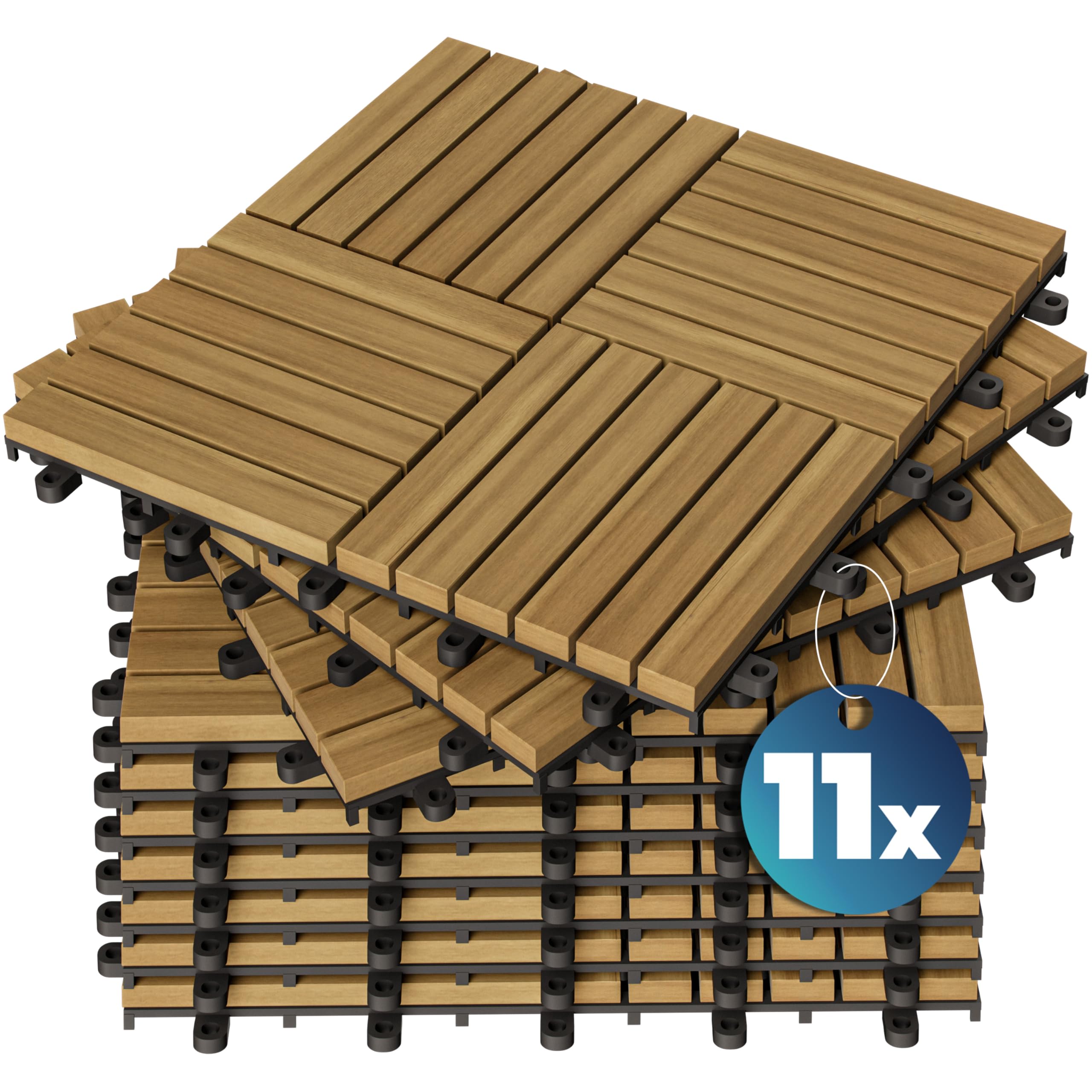 CASARIA® 11x Dalles bois clipsables 30x30cm bois d'acacia certifié FSC® dalle bois terrasse extérieur antidérapant sol balcon jardin caillebotis résistant UV intempéries pose facile