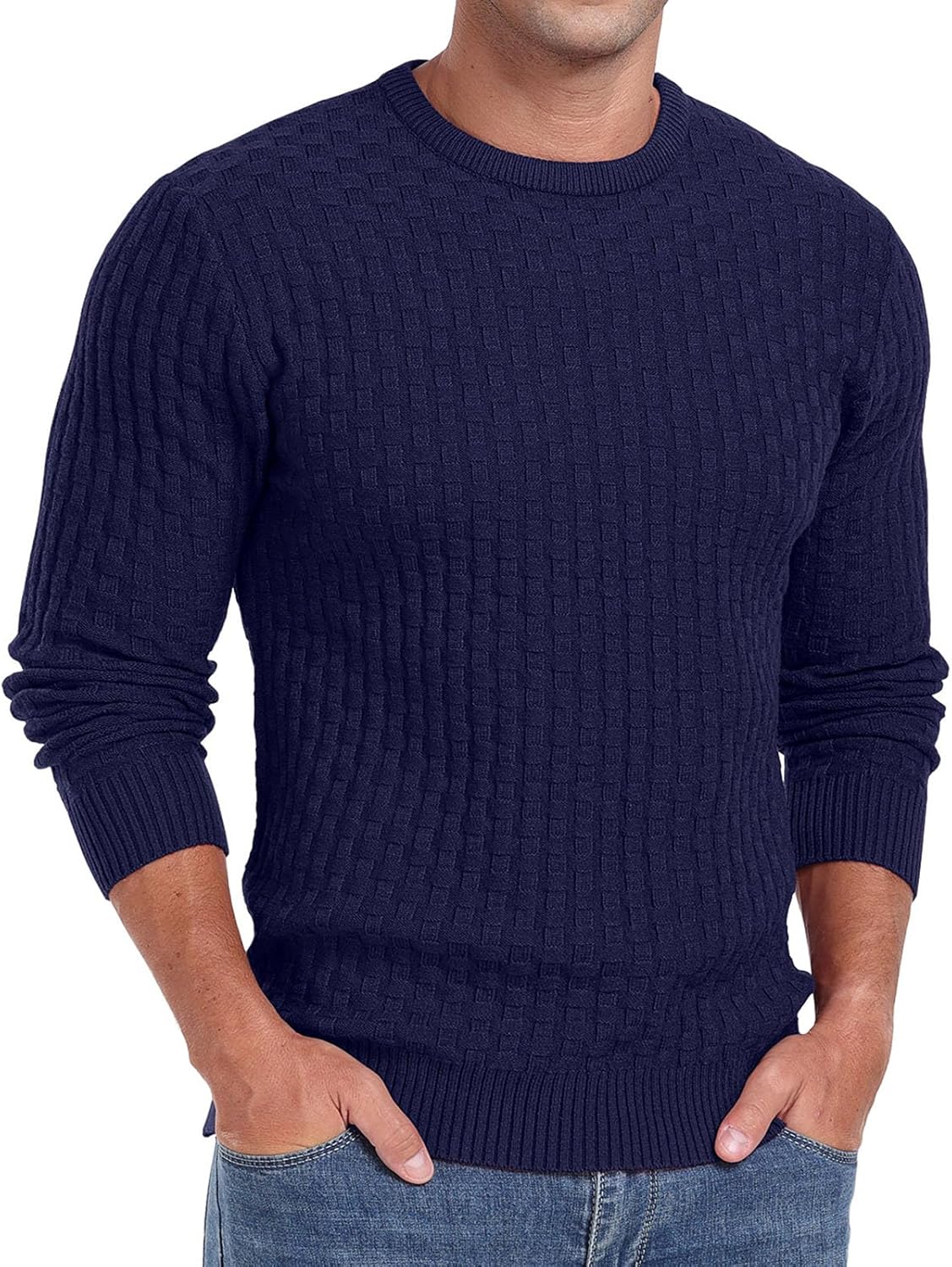 Askdeer Men's Crewneck Pullover Sweater Waffle Long Sleeve Casual Sweater Soft Knit Waffle Texture Sweater Ribbing Edge