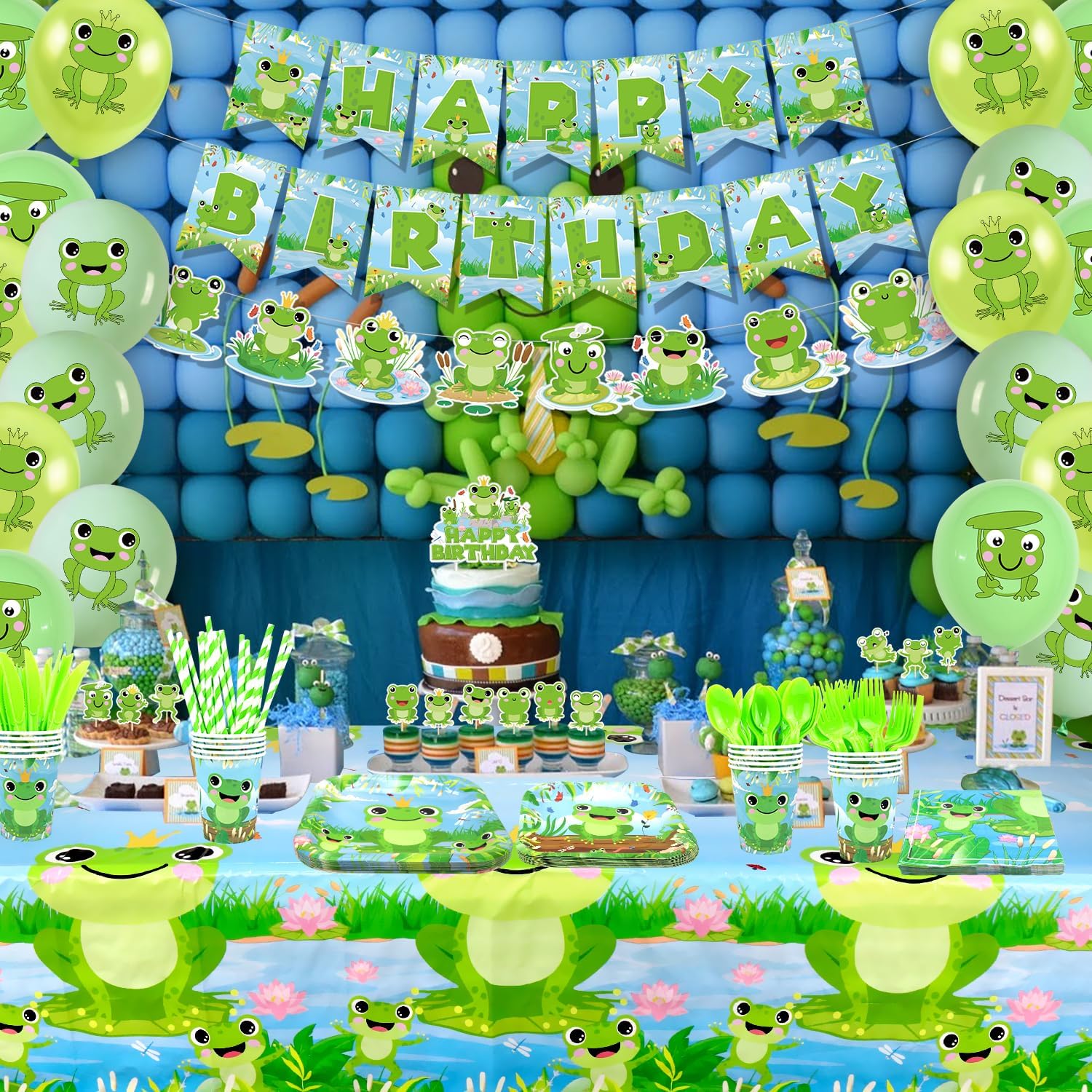 Frog Birthday Party Decorations - Frog Party Supplies including Banner, Plate, Cake Topper, Cup, Napkin, Balloon, Tablecloth for Frog Party Decoration - Serves 20 (B)