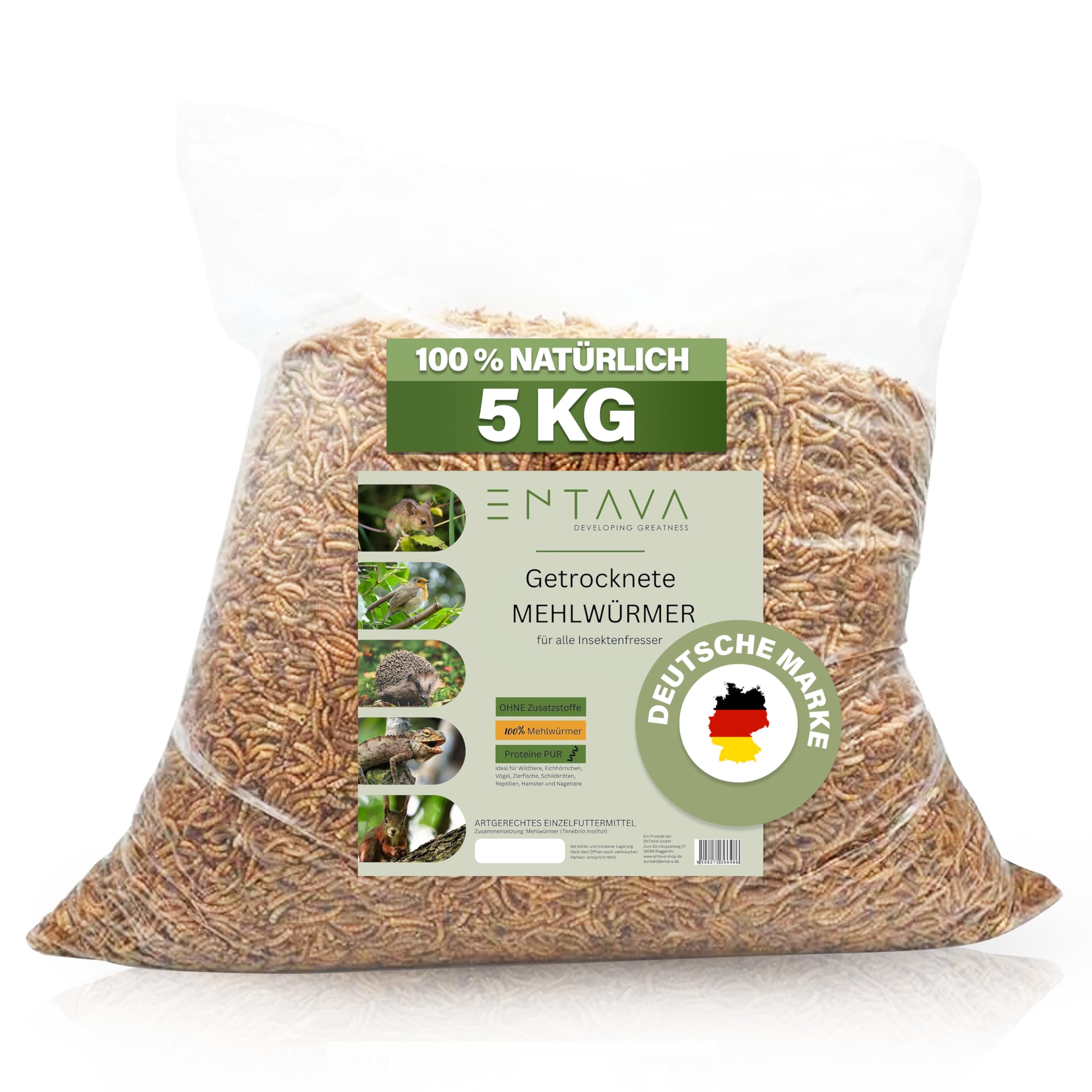 ENTAVA Mehlwürmer getrocknet 5kg - Insekten Snack in Premium Qualität, getrocknete Mehlwürmer für Vögel, Fische, Koi, Schildkröten, Nager, Reptilien, Wildvögel, Vogelfutter, Igelfutter