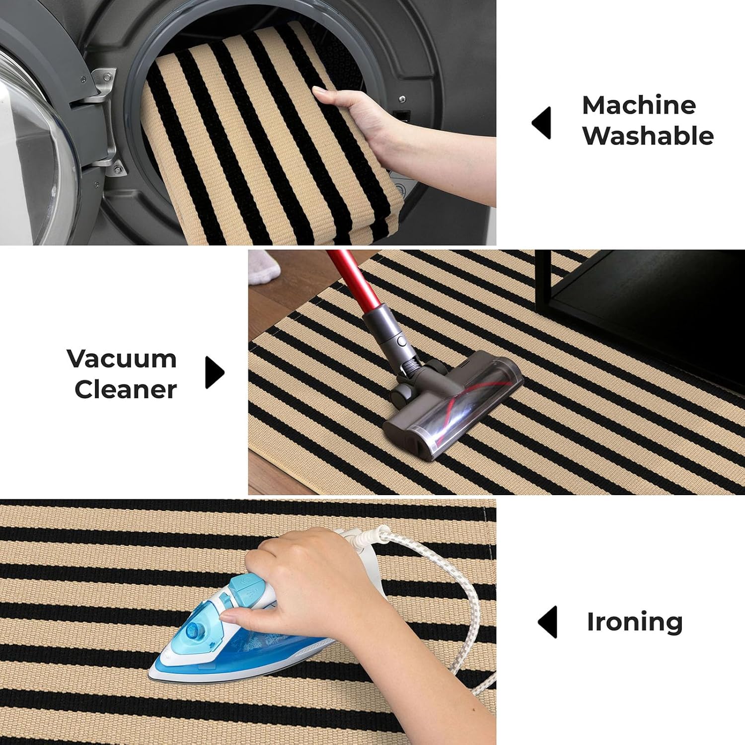 KOZYFLY 3'x5' Cotton Area Rug, Brown and Black Striped Outdoor Rug, Hand-Woven, Machine Washable, Perfect for Front Door, Kitchen, Living Room - Image 6