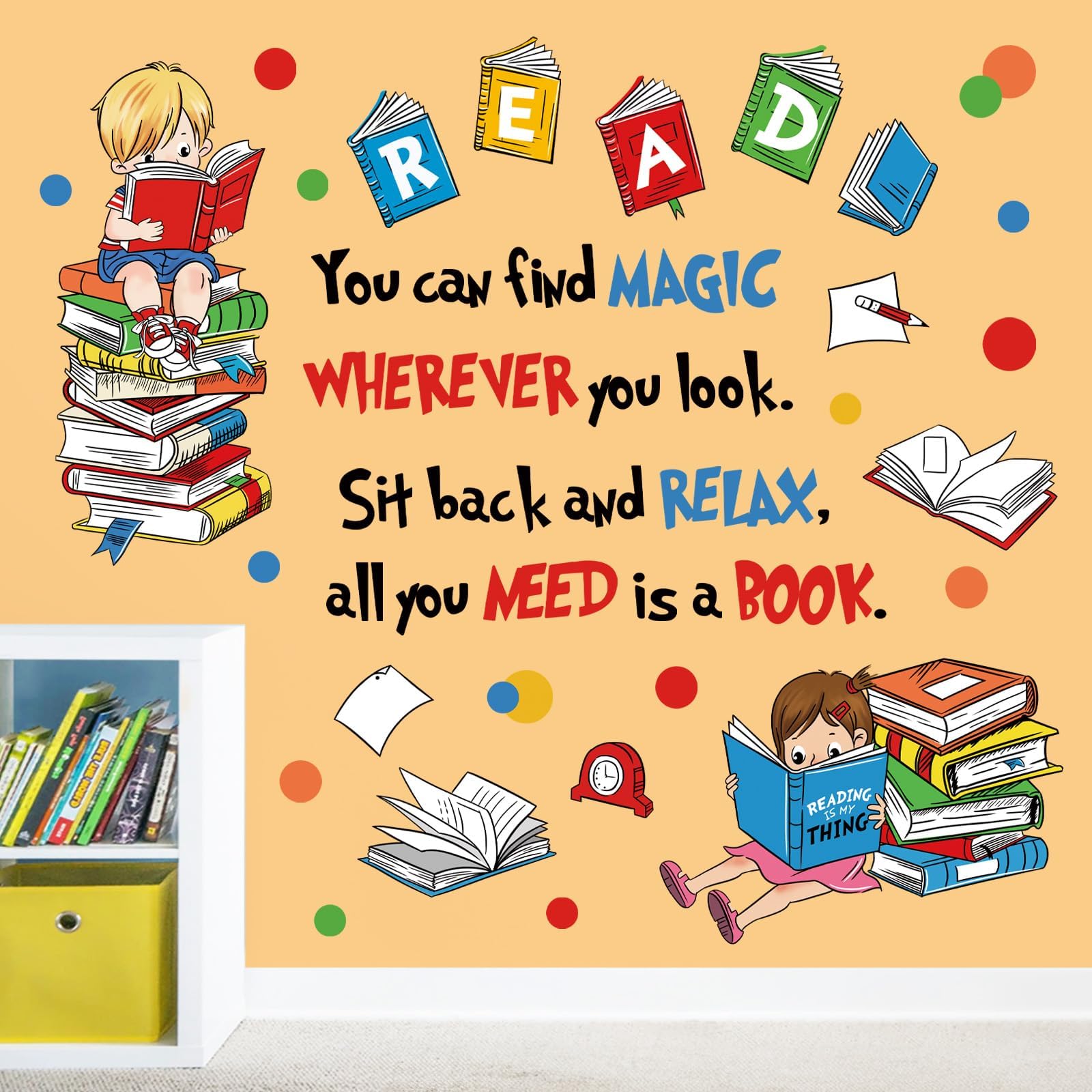 decalmile Reading Books Wall Decals Inspirational Quotes Polka Dots Wall Stickers Kids Room Classroom School Library Wall Decor