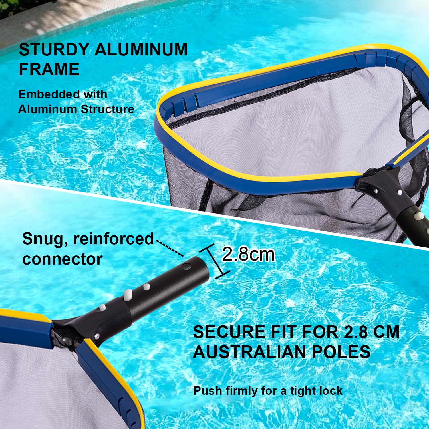 POOLAZA Pool Kescher, Feinmaschiger Poolkescher mit Tiefsack, Robuster Aluminiumrahmen & Griff, Großkapazitiver KescherPool, Praktischer Kescher mit Einfachgreifrand