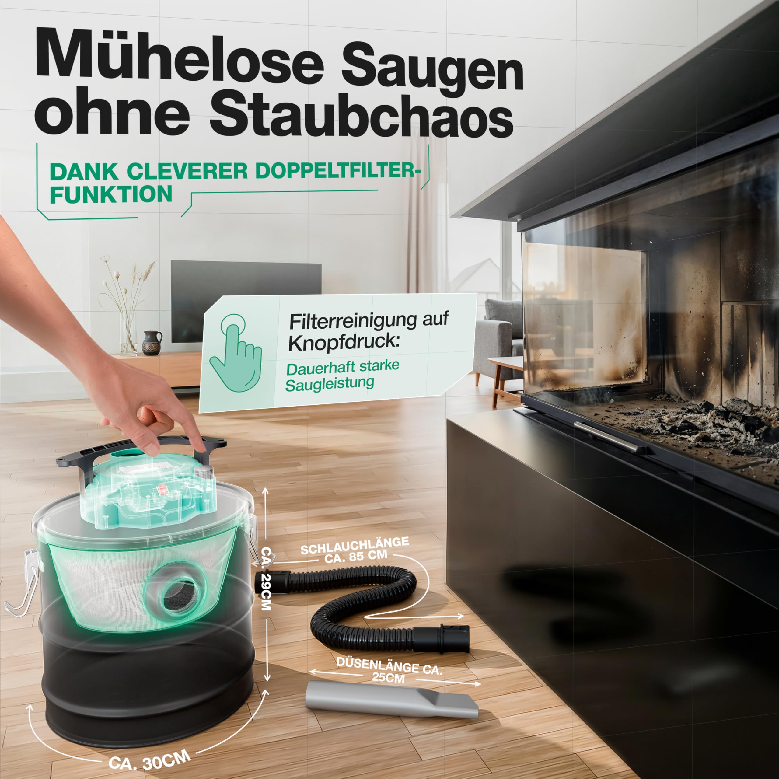 Smabix® Aschesauger, 18L Tankvolumen, 1200 W Leistung, inkl. HEPA-Filter und Staubfilter, Aschesauger für Kamin, Pelletofen, Feuerschalen u.v.m.