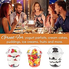 Zezzxu 50 Pack 10 oz Plastic Dessert Cups with Dome Lids (No Hole) and Sporks, Clear Disposable Fruit Cups with Lids for Yogurt Parfait Ice Creams Pudding Cakes