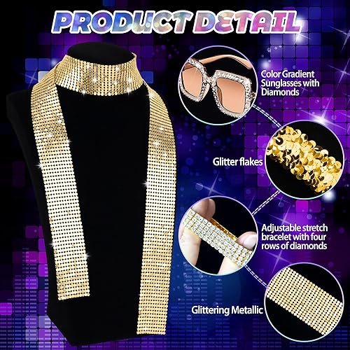 Miniatura 3 de 6 piezas de accesorios de discoteca de los años 70 para mujeres joyería de discoteca, atuendo y disfraz para fiesta de disfraces