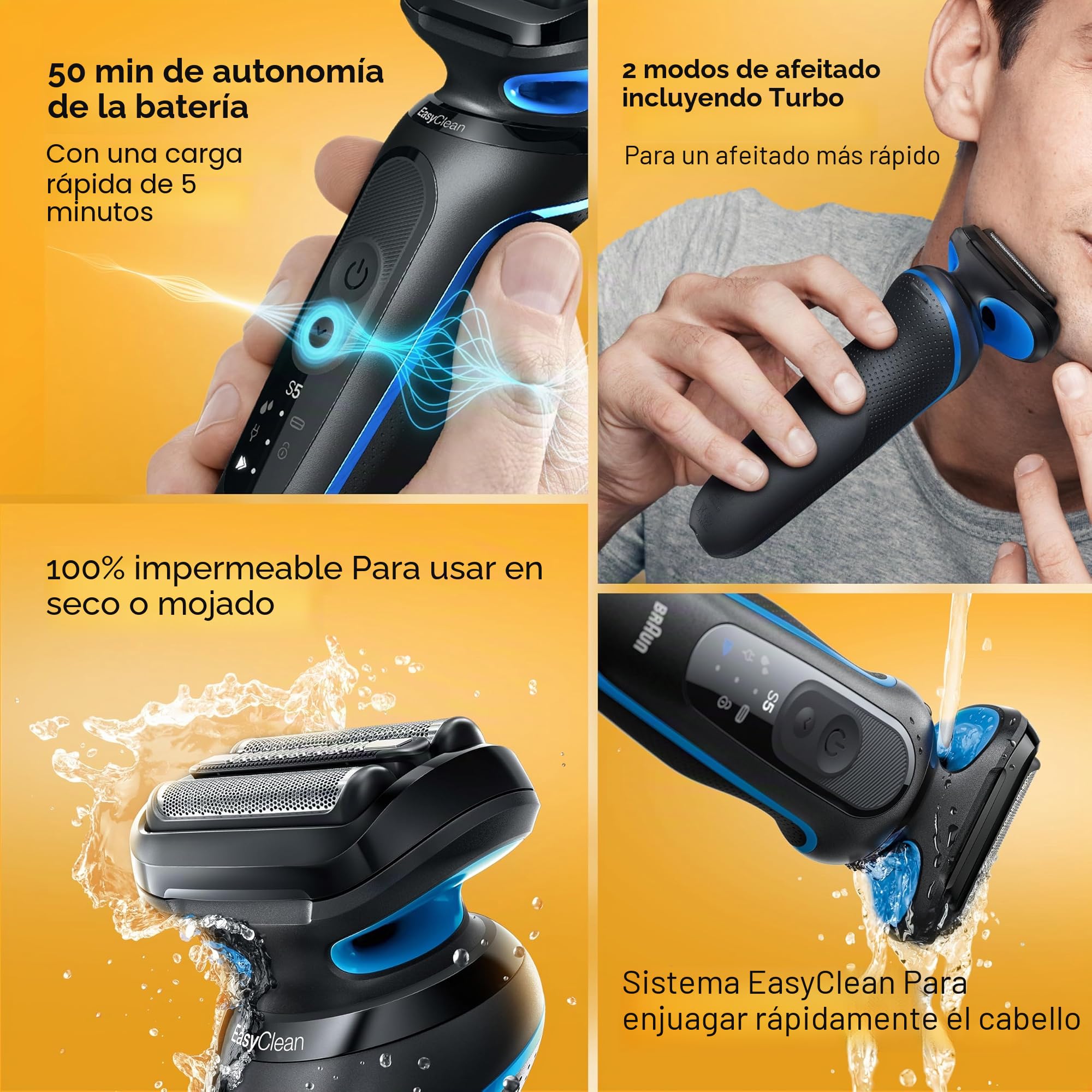 Braun Afeitadora eléctrica para hombre, serie 5 5118s, afeitado húmedo y seco, modo de afeitado turbo, afeitadora de aluminio, diseñada en Alemania, con recortadora de precisión, azul