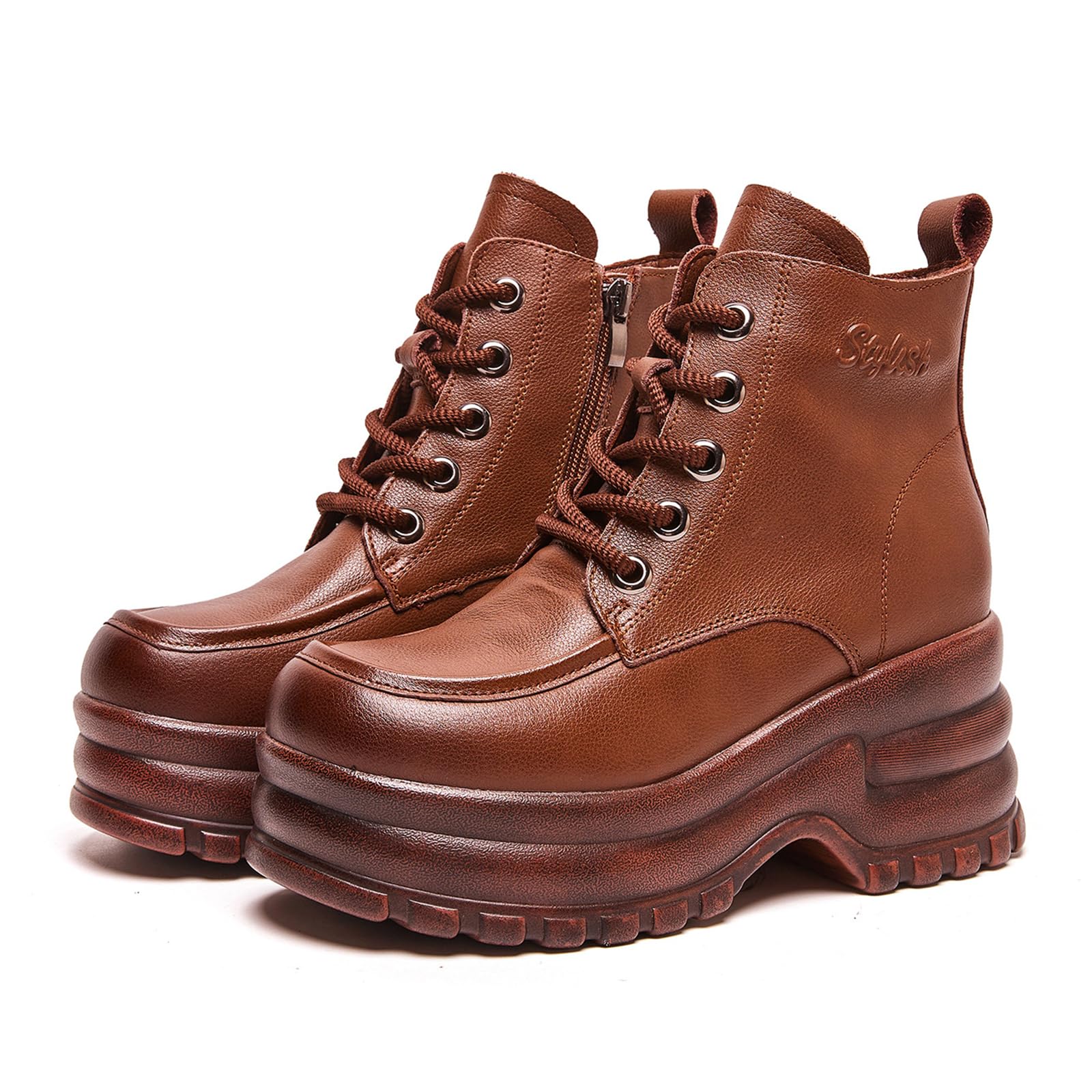 Womens Genuine Leather Chunky Platform Combat Ankle Boots Fashion Comfort Lace-Up Round Toe With Side Zippe Chunky Lug