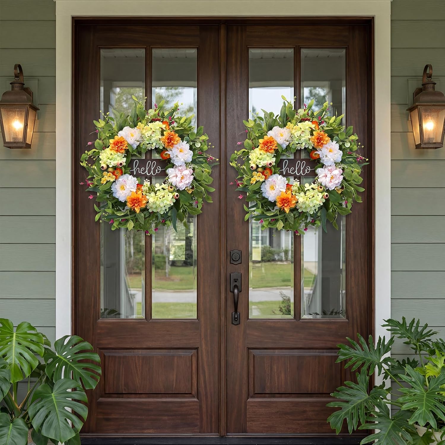 24" Spring Summer Wreaths for Front Door with Hello Sign,Hydrangea Wreath with Dasiy Peonies Berries Eucalyptus.Greenery Wreath for Front Door,Porch,Farmhouse,Wall,Window Inoor Outdoor Decor