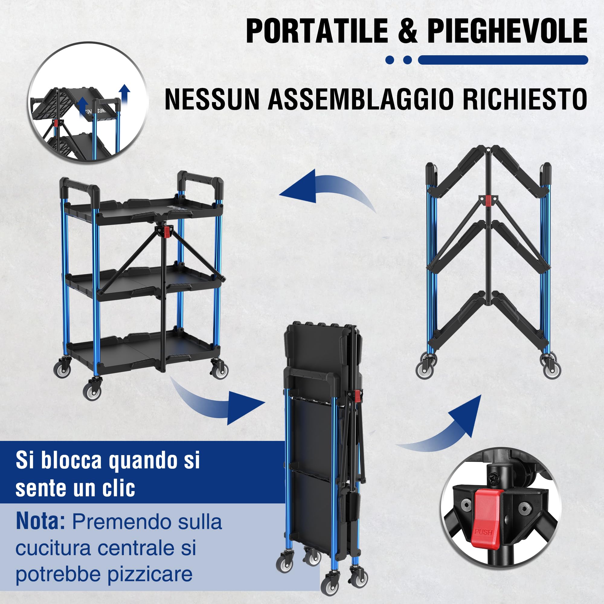 WORKPRO Carrello Pieghevole con Ruote a 3 Strati, Carrello Porta Attrezzi Multifunzione con 4 Ruote (2 con Freno) Carico di 32 kg, Ideale per Garage, Magazzini, Uffici(Non Necessita di Installazione)