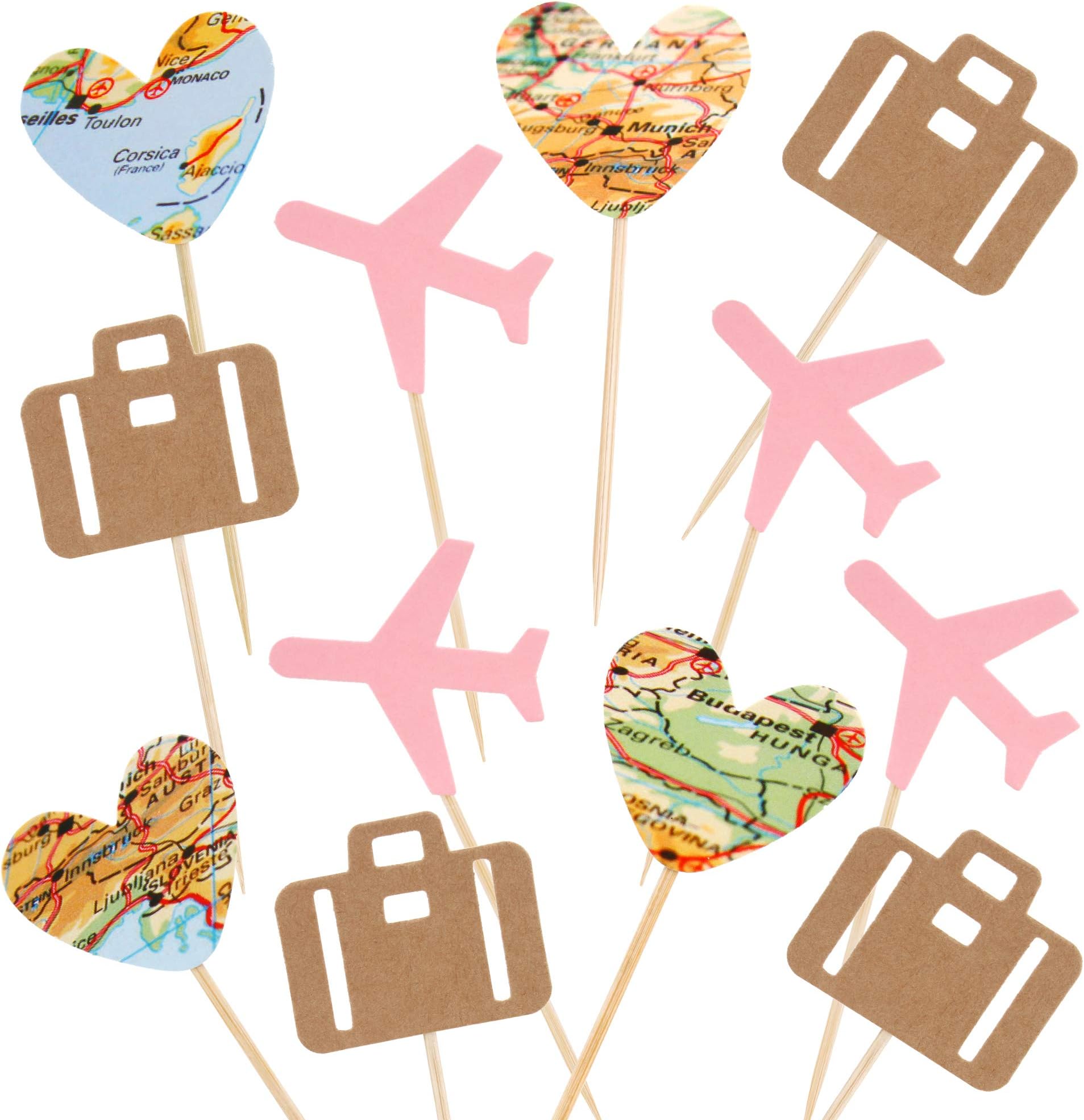 24 Pack Heart Map Luggage Airplane Cupcake Toppers Plane for Travel Theme Baby Shower Birthday Party Cake Decor