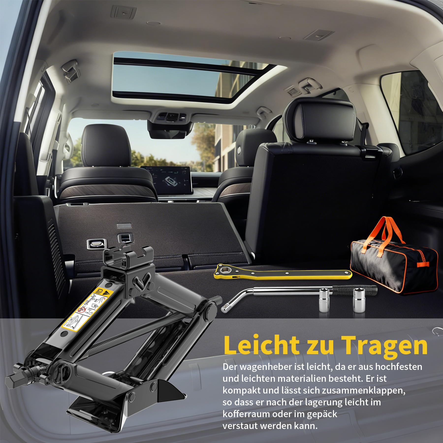 Scherenwagenheber für Autos 1.5T, Komplettset mit Ratschenschlüssel und Teleskophebel für Reifen, Wagenheber 1500kg für den Notfall Reifenwechsel Tragbar für Auto Limousinen Lieferwagen SUV