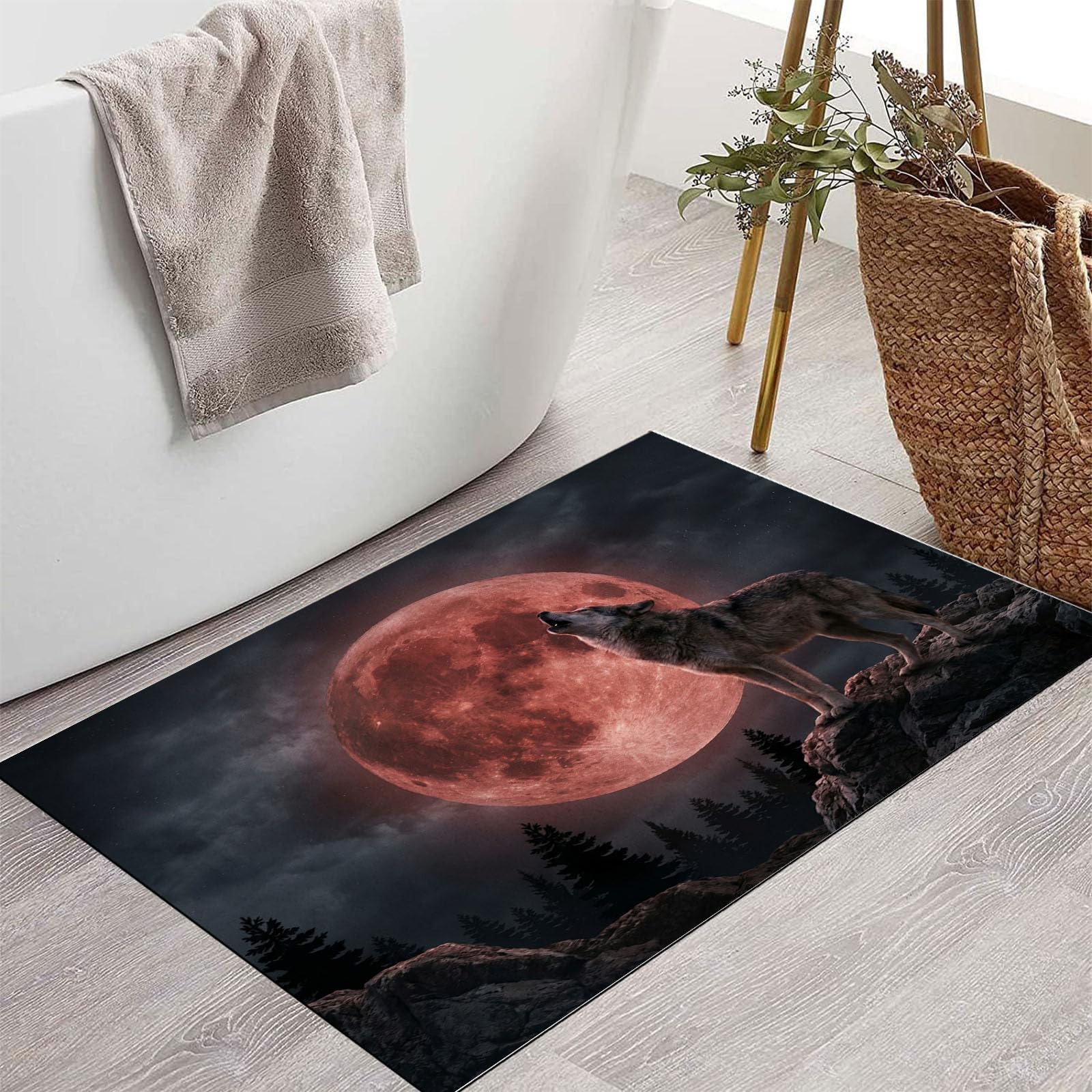 Zerbino Ingresso Interno Cielo Notturno Gotico Luna Sangue, Zerbino Di Benvenuto Lavabile Morbida Lupo Selvatico Animale, Antiscivolo Tappeto Da Decorazioni Antracite Per Casa Porta, 60X90Cm